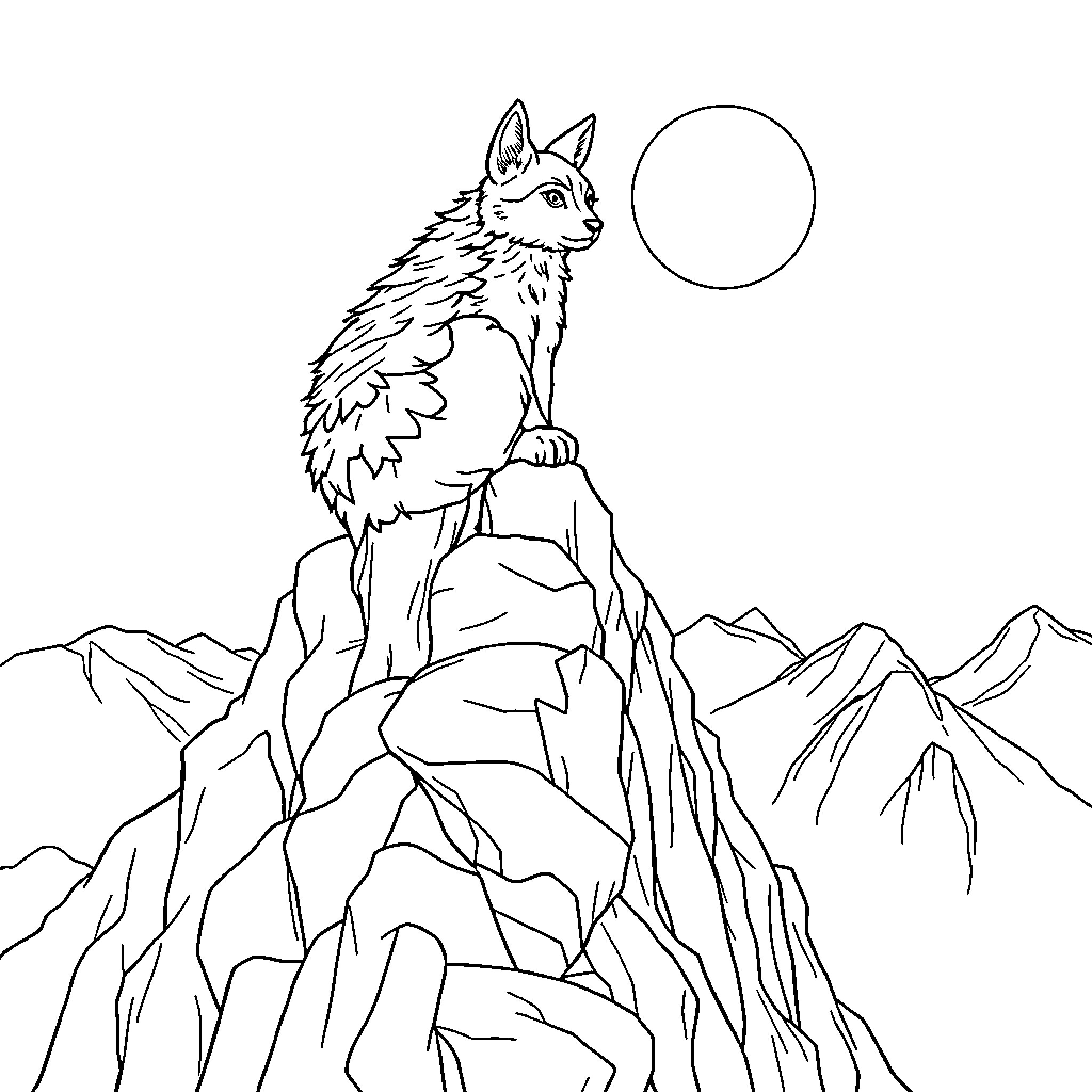 Spider-like wolf overlooking rugged mountain landscape Coloring Page (free black-and-white line drawing printable PDF for all, from beginners to advanced learners, including children, teens, adults, and seniors)