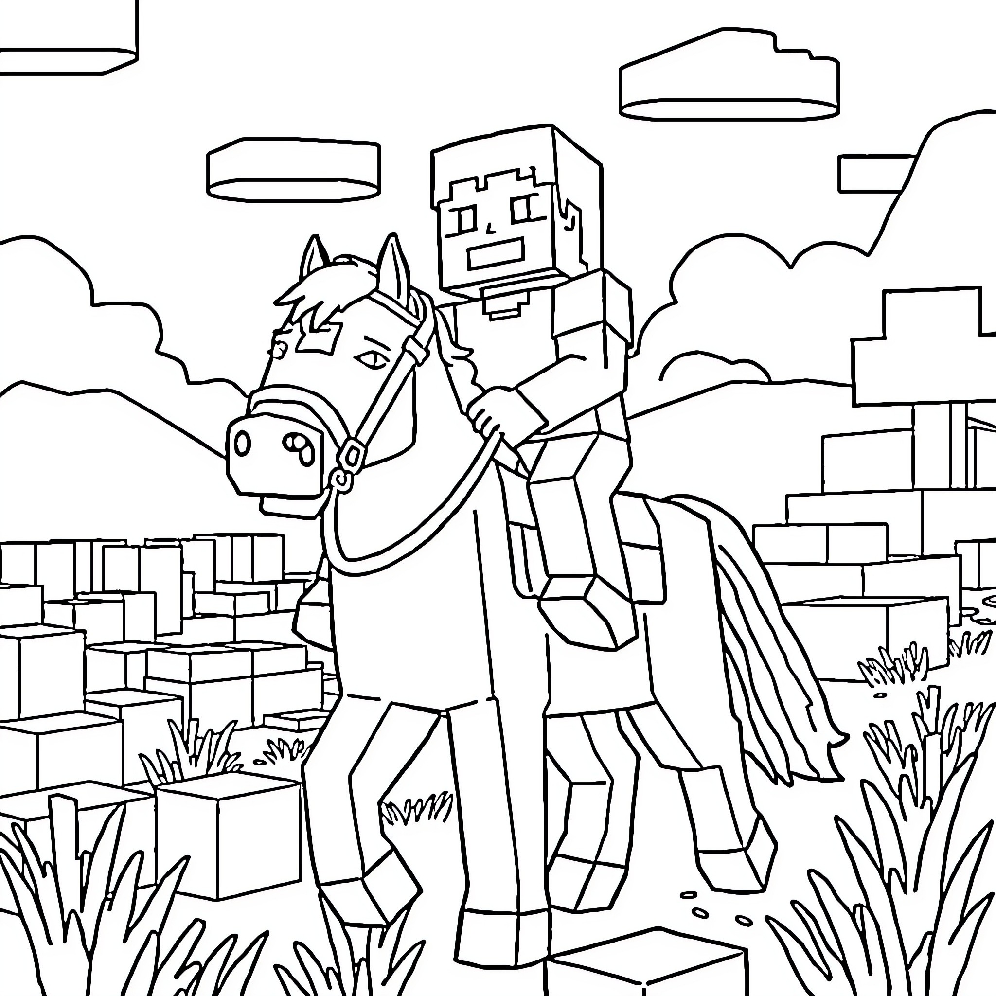 Steve rides a horse through the blocky Minecraft landscape Coloring Page (free black-and-white line drawing printable PDF for all, from beginners to advanced learners, including children, teens, adults, and seniors)