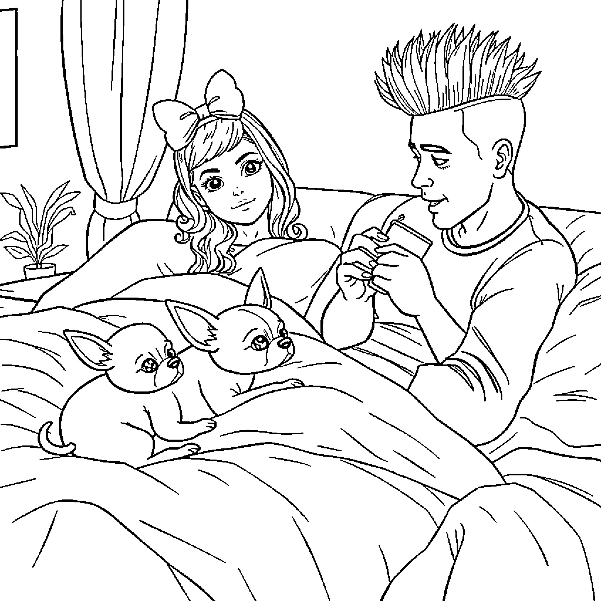 Chihuahuas Cuddling with Caring Owners Coloring Page (free black-and-white line drawing printable PDF for all, from beginners to advanced learners, including children, teens, adults, and seniors)