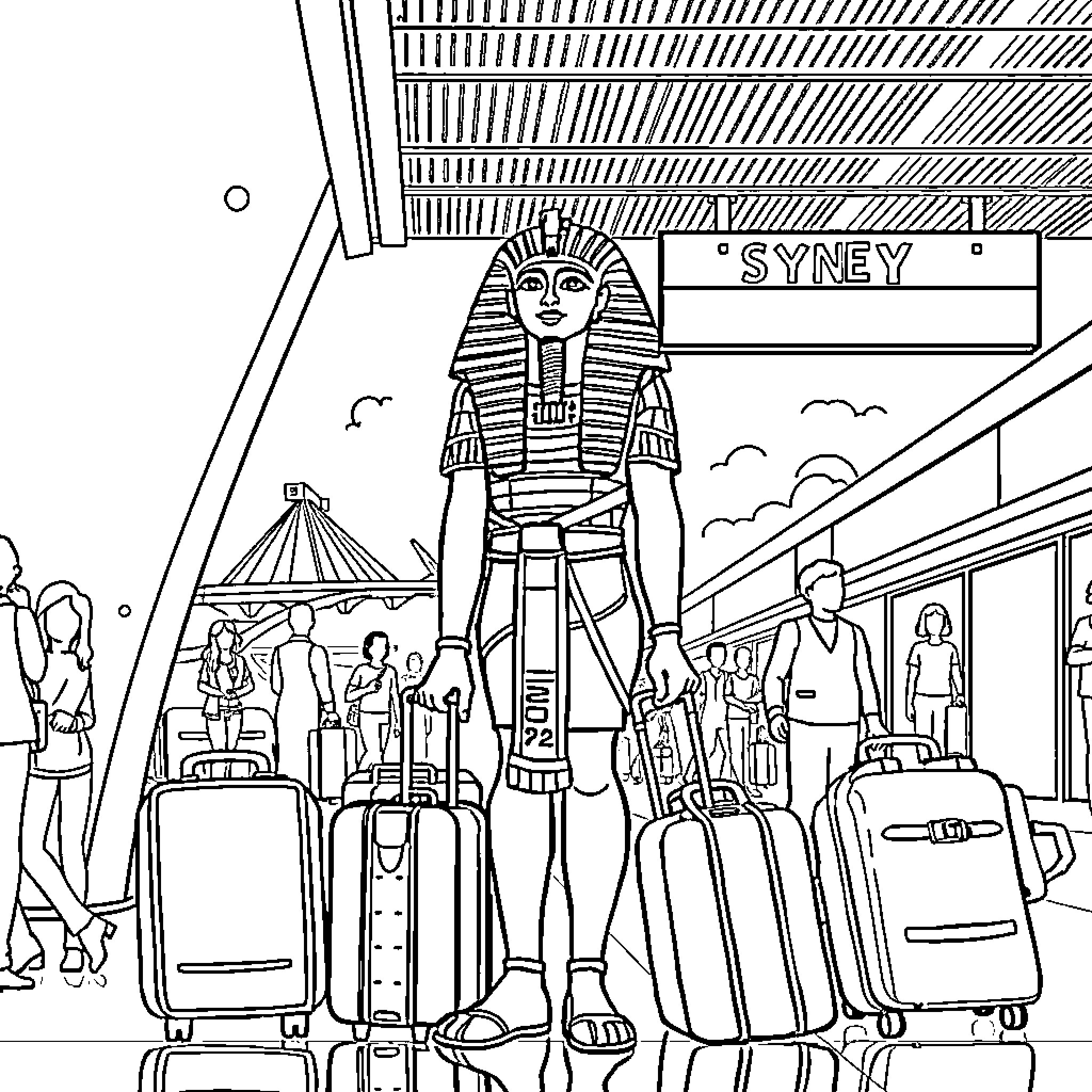 Tutankhamun's Statue at Busy Airport Terminal Coloring Page (free black-and-white line drawing printable PDF for all, from beginners to advanced learners, including children, teens, adults, and seniors)