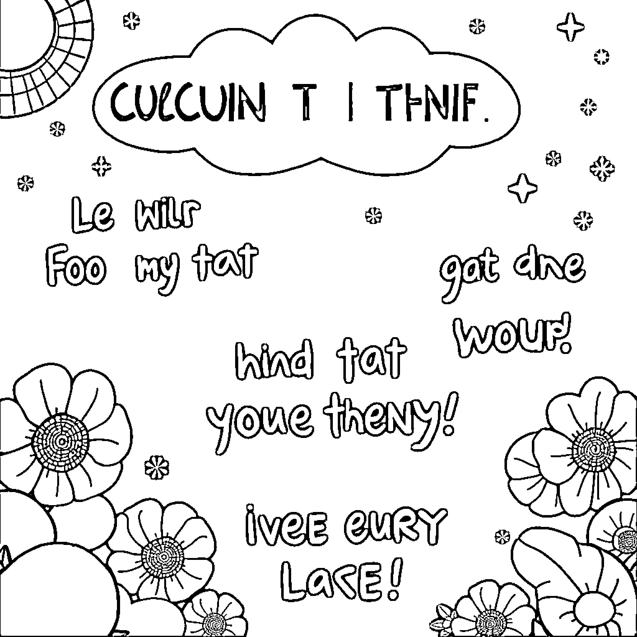 Humor in handwritten whimsical expressions Coloring Page (free black-and-white line drawing printable PDF for all, from beginners to advanced learners, including children, teens, adults, and seniors)