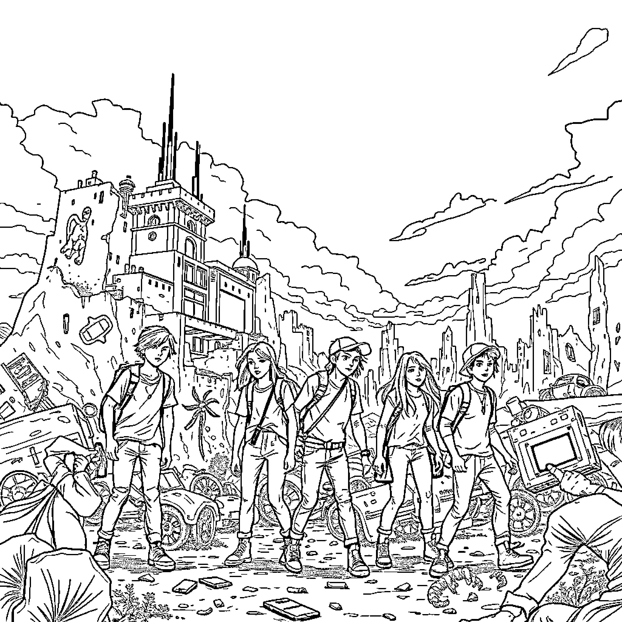 Teenagers exploring the post-apocalyptic city landscape Coloring Page (free black-and-white line drawing printable PDF for all, from beginners to advanced learners, including children, teens, adults, and seniors)