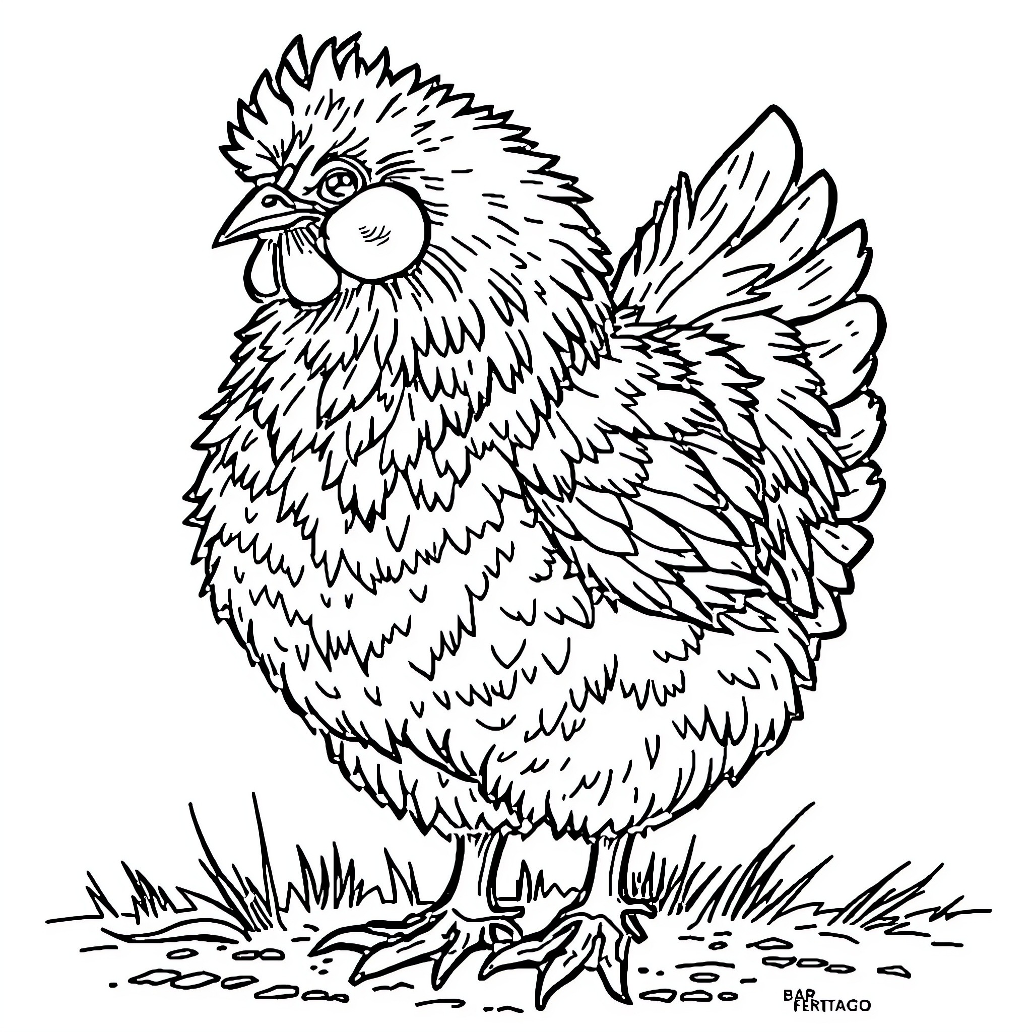 Hen standing proudly on grass Coloring Page (free black-and-white line drawing printable PDF for all, from beginners to advanced learners, including children, teens, adults, and seniors)