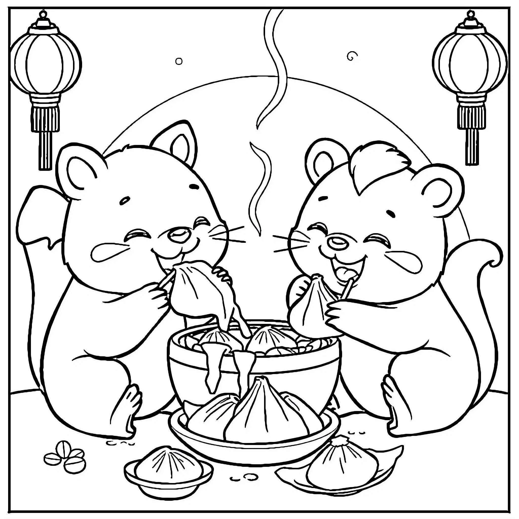 Animal friends having a festive meal Coloring Page (free black-and-white line drawing printable PDF for all, from beginners to advanced learners, including children, teens, adults, and seniors)