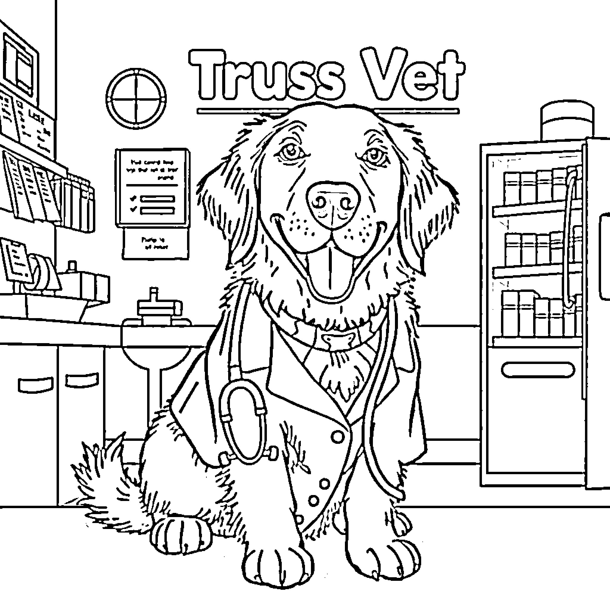 Golden Retriever at the Veterinary Clinic Coloring Page (free black-and-white line drawing printable PDF for all, from beginners to advanced learners, including children, teens, adults, and seniors)