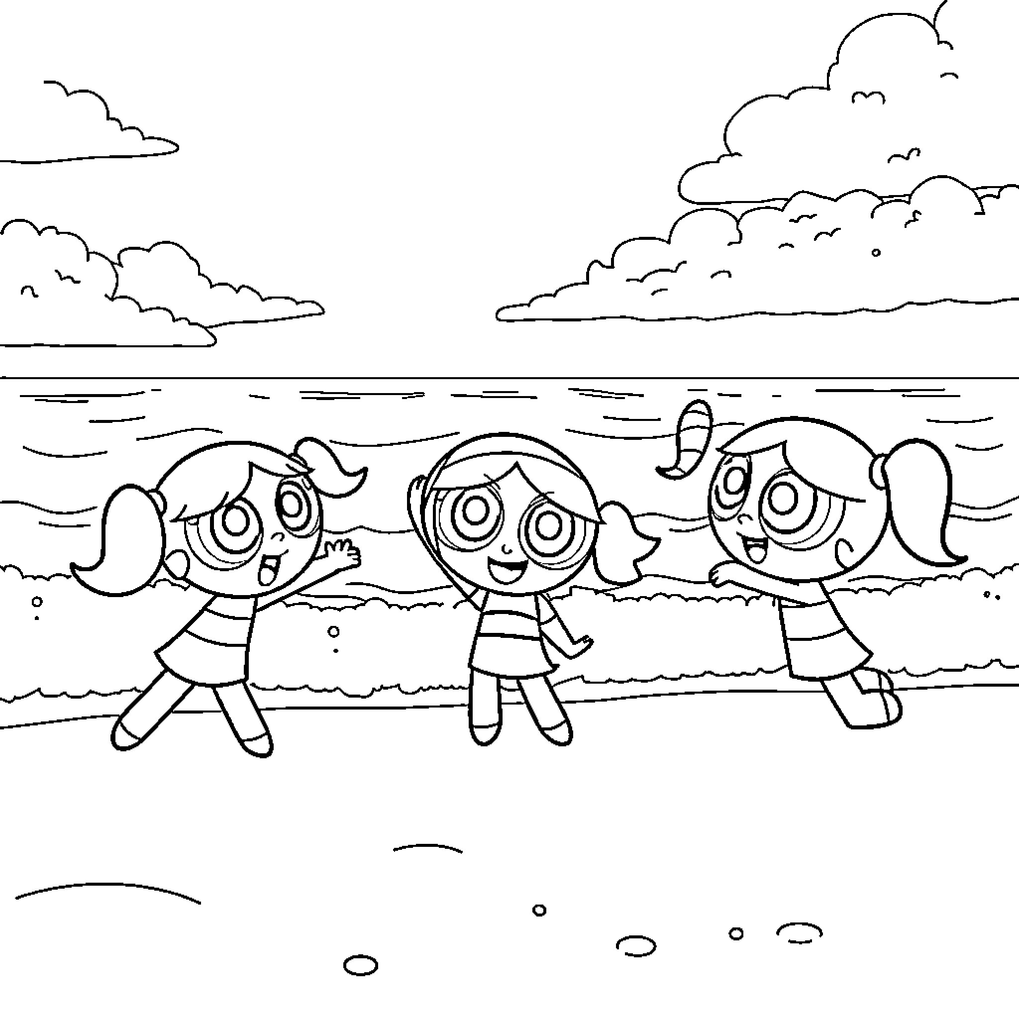 Powerpuff Girls playing happily at the beach Coloring Page (free black-and-white line drawing printable PDF for all, from beginners to advanced learners, including children, teens, adults, and seniors)