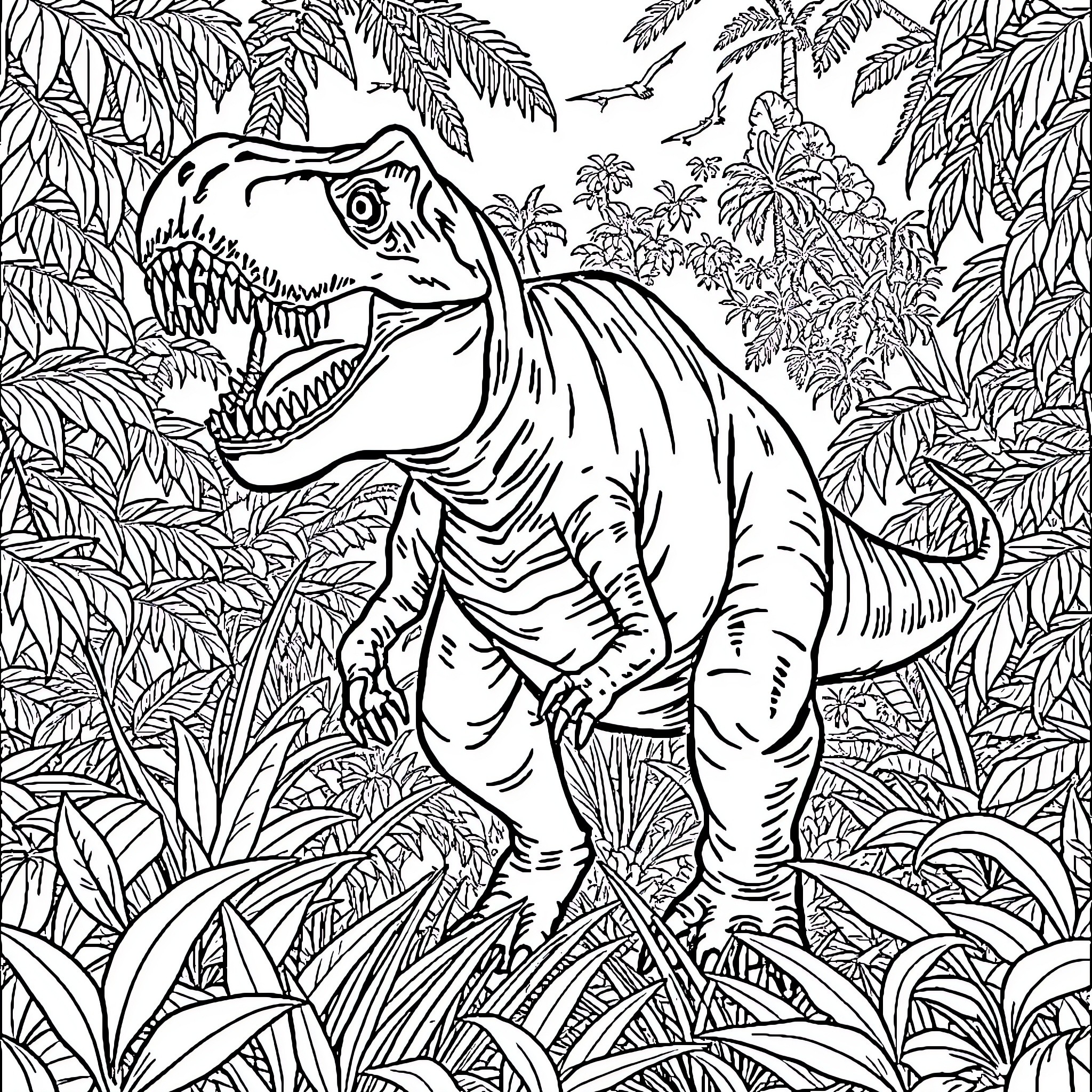 Indominus Rex Dinosaur in Lush Jungle Landscape Coloring Page (free black-and-white line drawing printable PDF for all, from beginners to advanced learners, including children, teens, adults, and seniors)