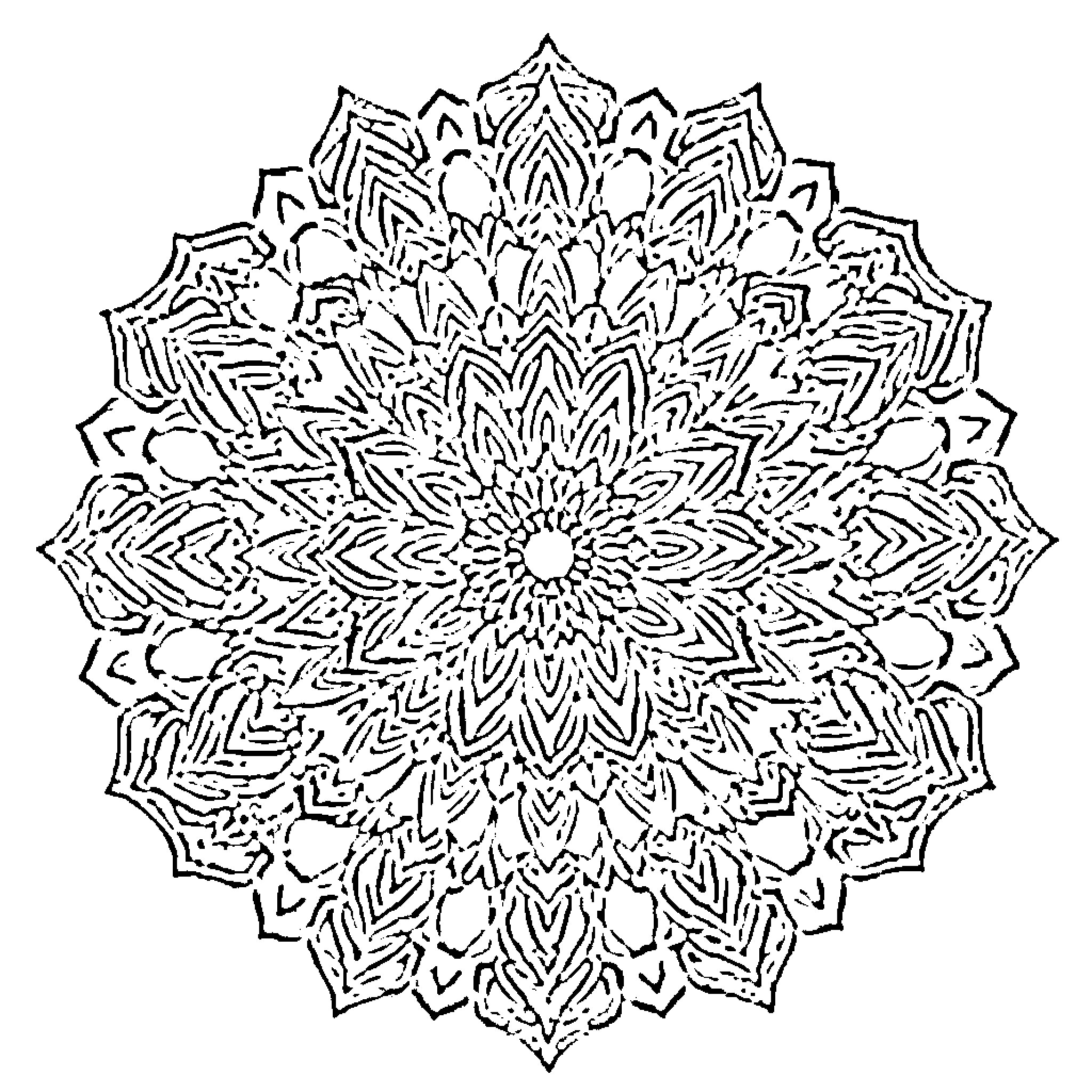 Mandala of intricate geometric patterns Coloring Page (free black-and-white line drawing printable PDF for all, from beginners to advanced learners, including children, teens, adults, and seniors)