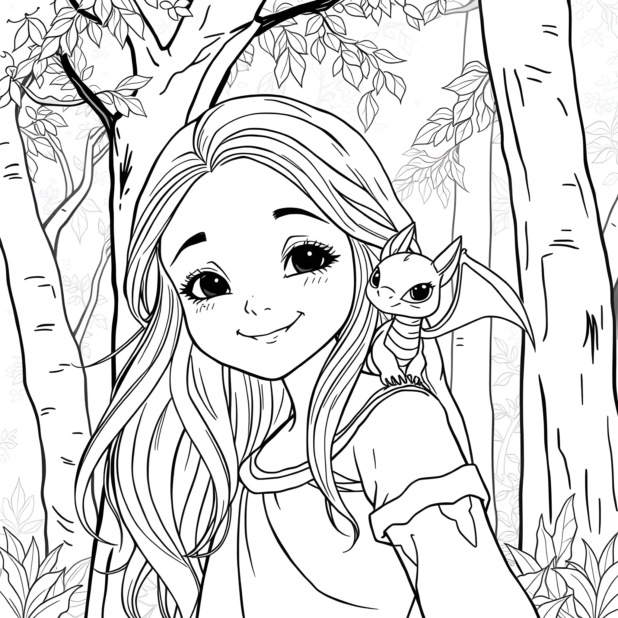Girl holding a cat in a forest Coloring Page (free black-and-white line drawing printable PDF for all, from beginners to advanced learners, including children, teens, adults, and seniors)