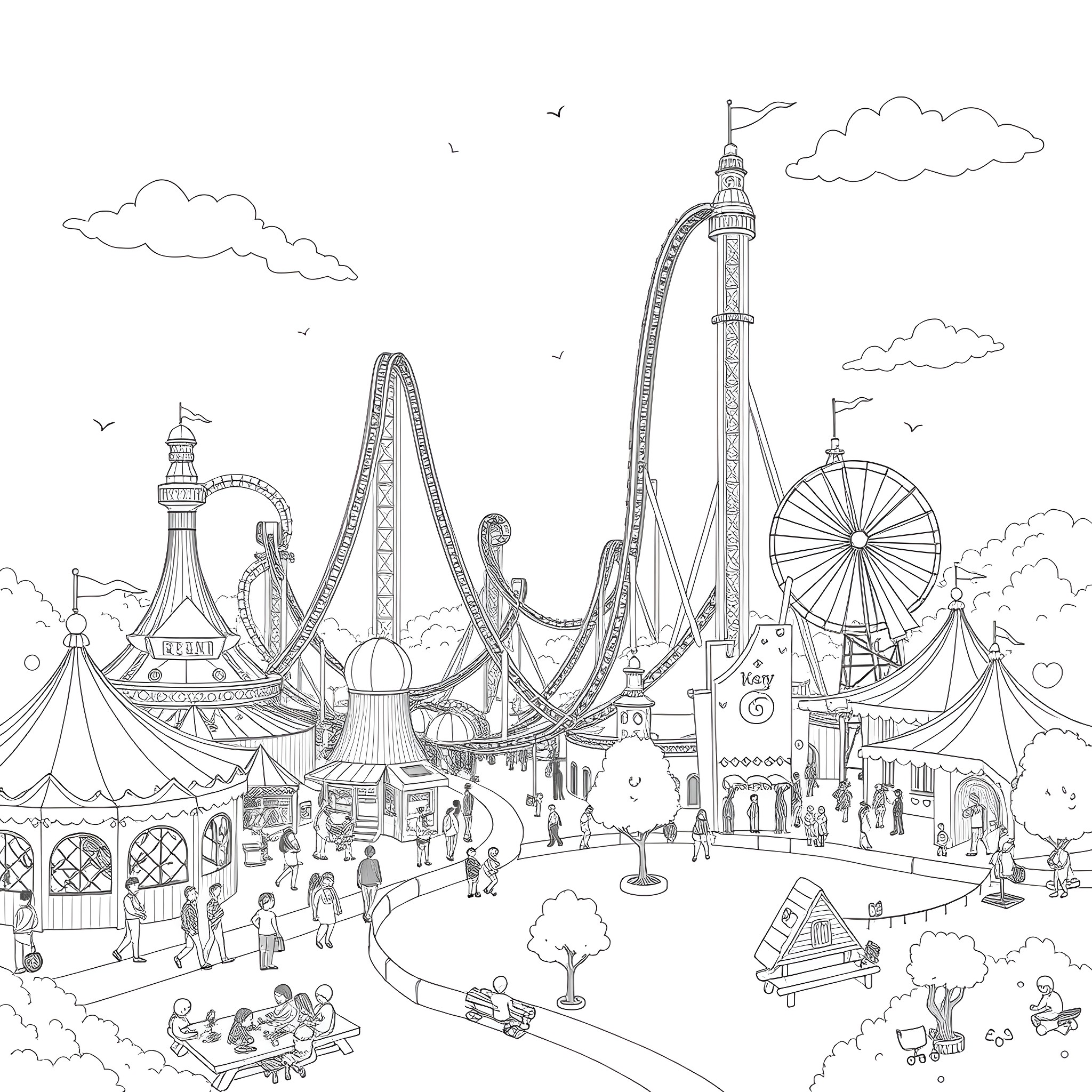 Thorpe Park: Thrilling Rides and Festive Crowds Coloring Page (free black-and-white line drawing printable PDF for all, from beginners to advanced learners, including children, teens, adults, and seniors)