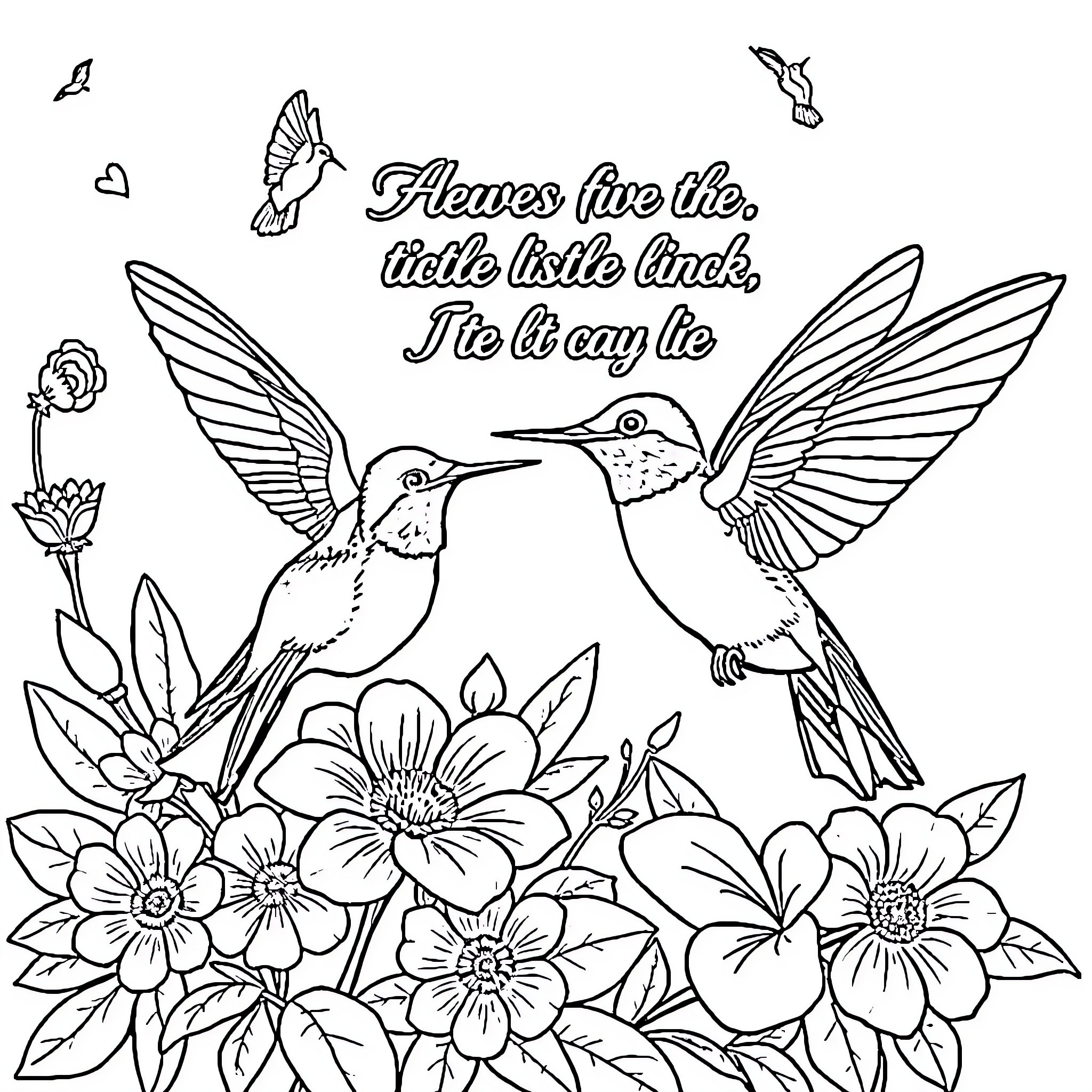 Hummingbirds flying amidst colorful flowers Coloring Page (free black-and-white line drawing printable PDF for all, from beginners to advanced learners, including children, teens, adults, and seniors)