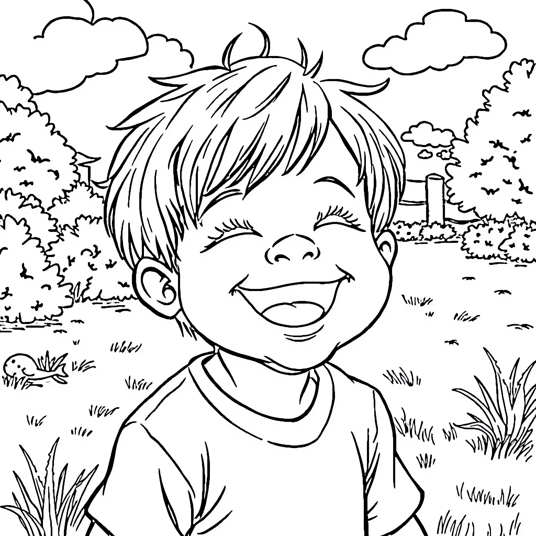 Child's Joyful Outdoor Moment Coloring Page (free black-and-white line drawing printable PDF for all, from beginners to advanced learners, including children, teens, adults, and seniors)