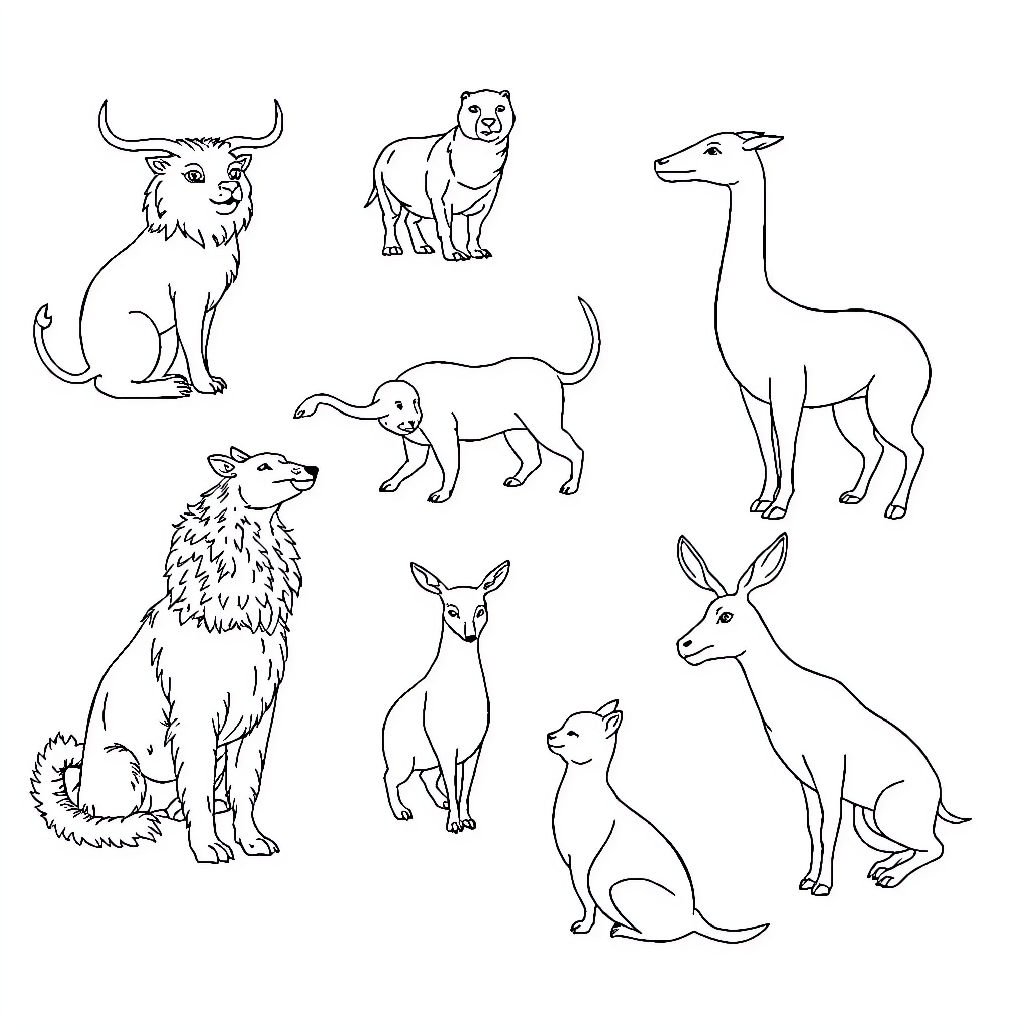 Animal illustrations with various creatures Coloring Page (free black-and-white line drawing printable PDF for all, from beginners to advanced learners, including children, teens, adults, and seniors)