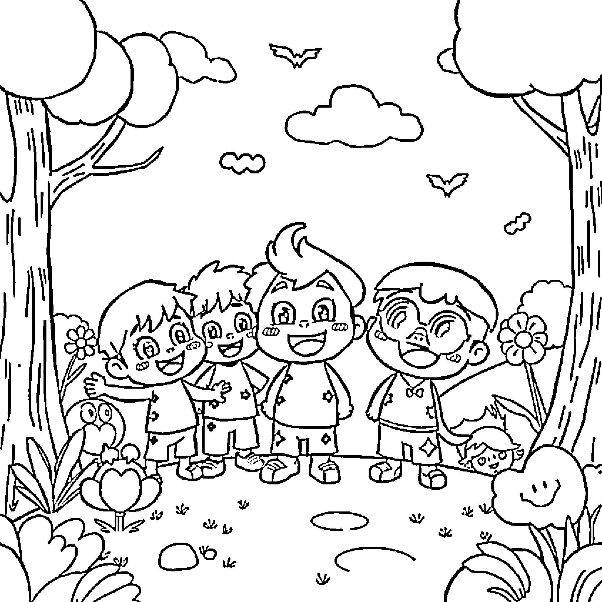 Stray Kids playing cheerfully in nature Coloring Page (free black-and-white line drawing printable PDF for all, from beginners to advanced learners, including children, teens, adults, and seniors)