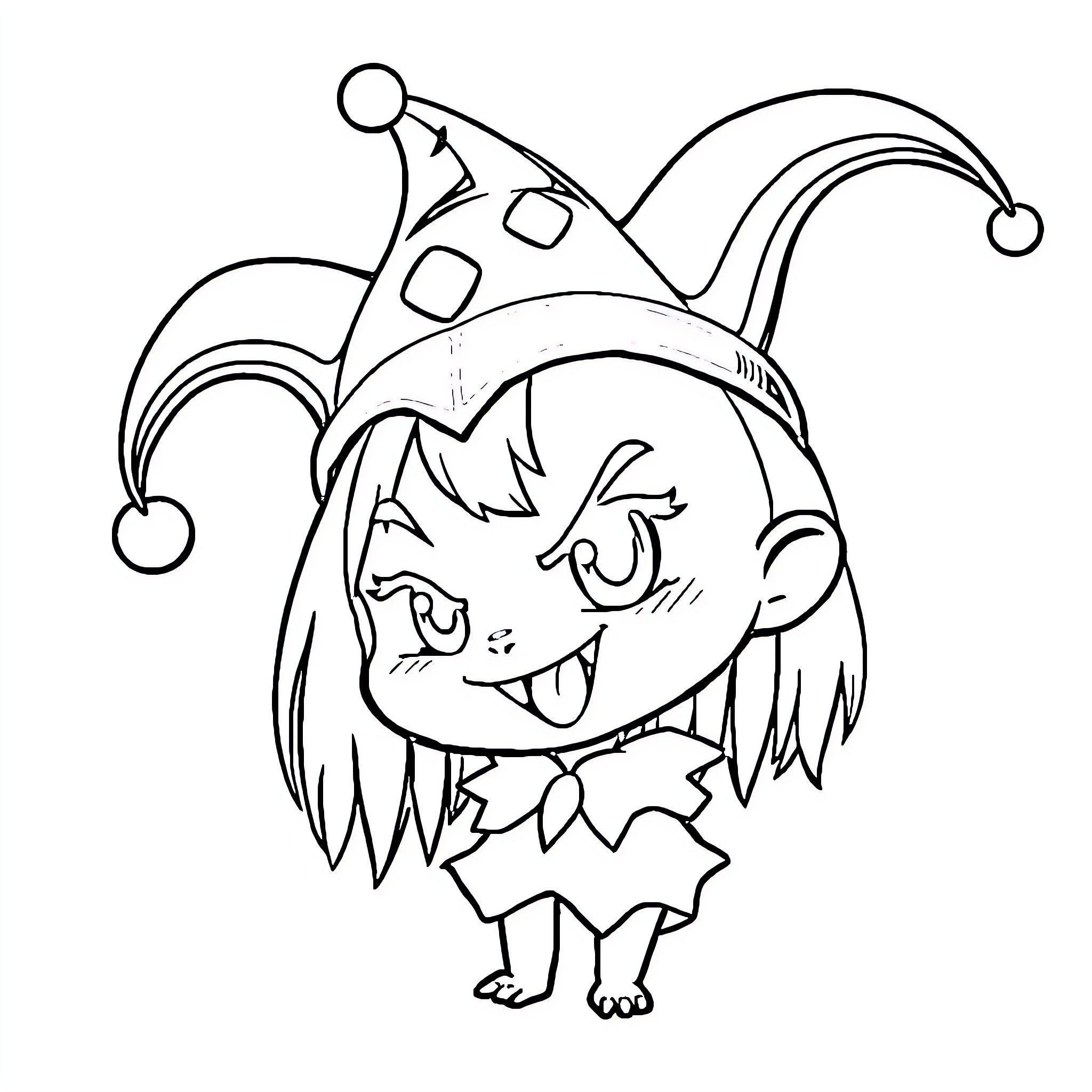 Kuromi character in a playful jester costume Coloring Page (free black-and-white line drawing printable PDF for all, from beginners to advanced learners, including children, teens, adults, and seniors)