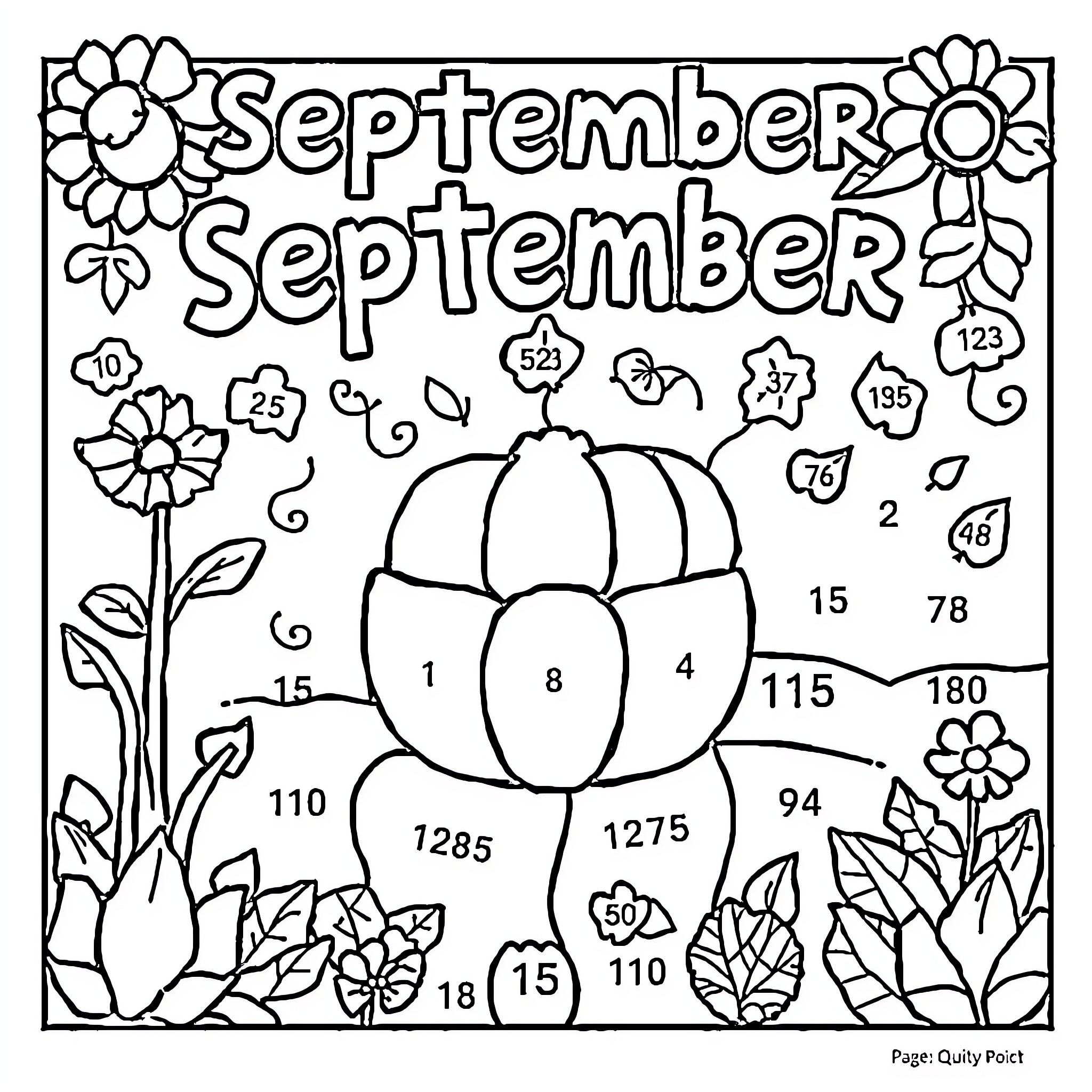 Multiplication of numbers within a September-themed coloring page Coloring Page (free black-and-white line drawing printable PDF for all, from beginners to advanced learners, including children, teens, adults, and seniors)
