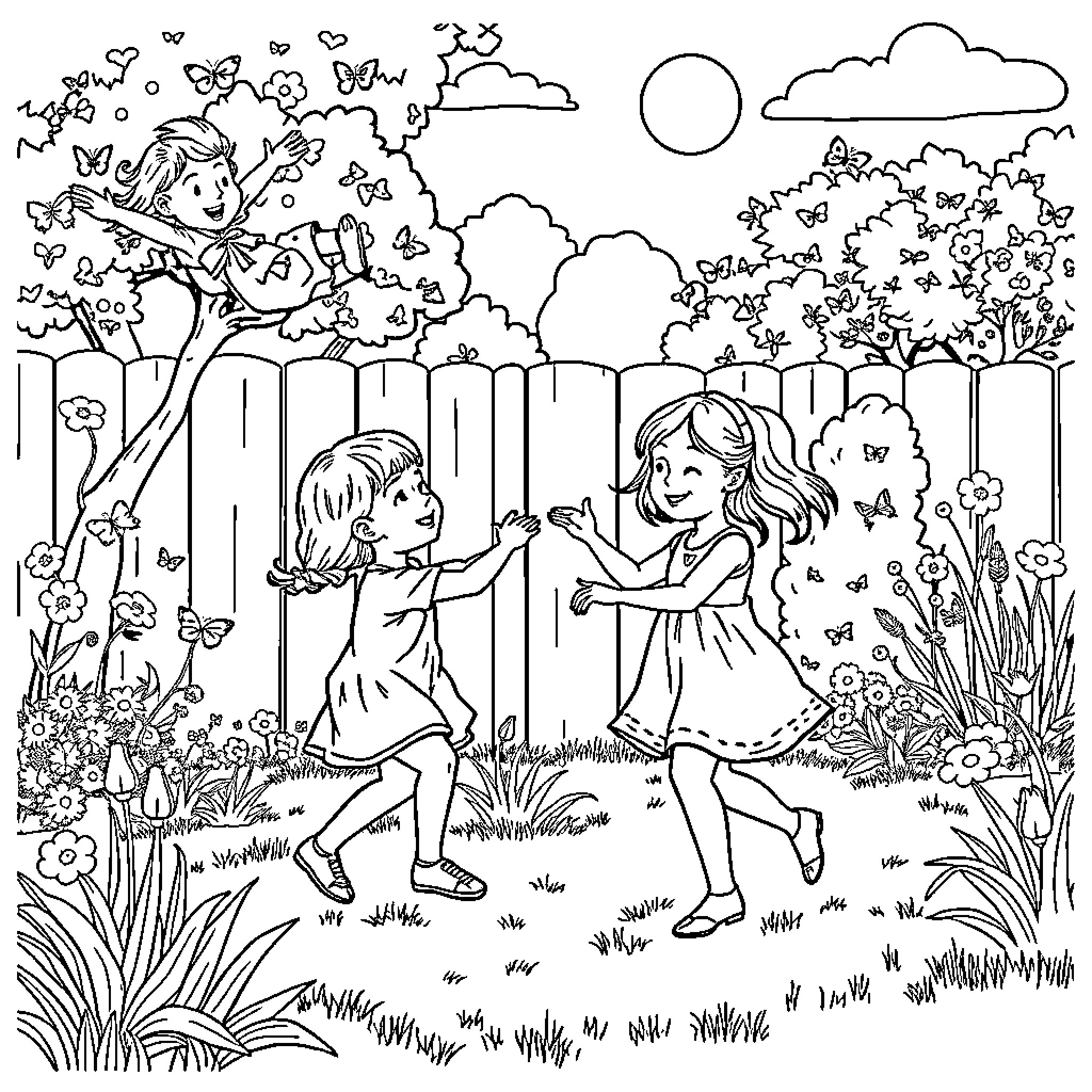Sisters chasing butterflies in the garden Coloring Page (free black-and-white line drawing printable PDF for all, from beginners to advanced learners, including children, teens, adults, and seniors)