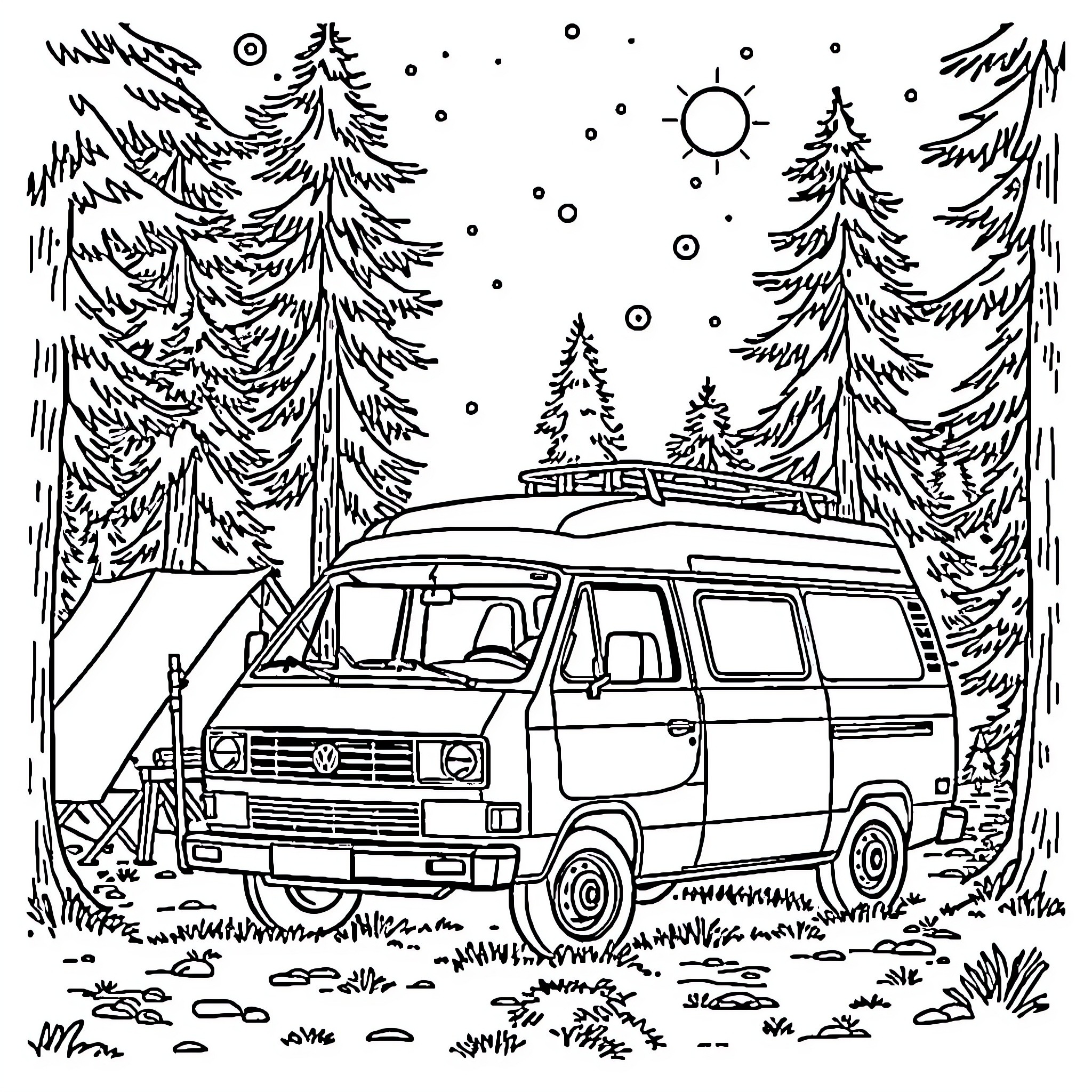 VW T4 Van Adventure in Snowy Forest Coloring Page (free black-and-white line drawing printable PDF for all, from beginners to advanced learners, including children, teens, adults, and seniors)
