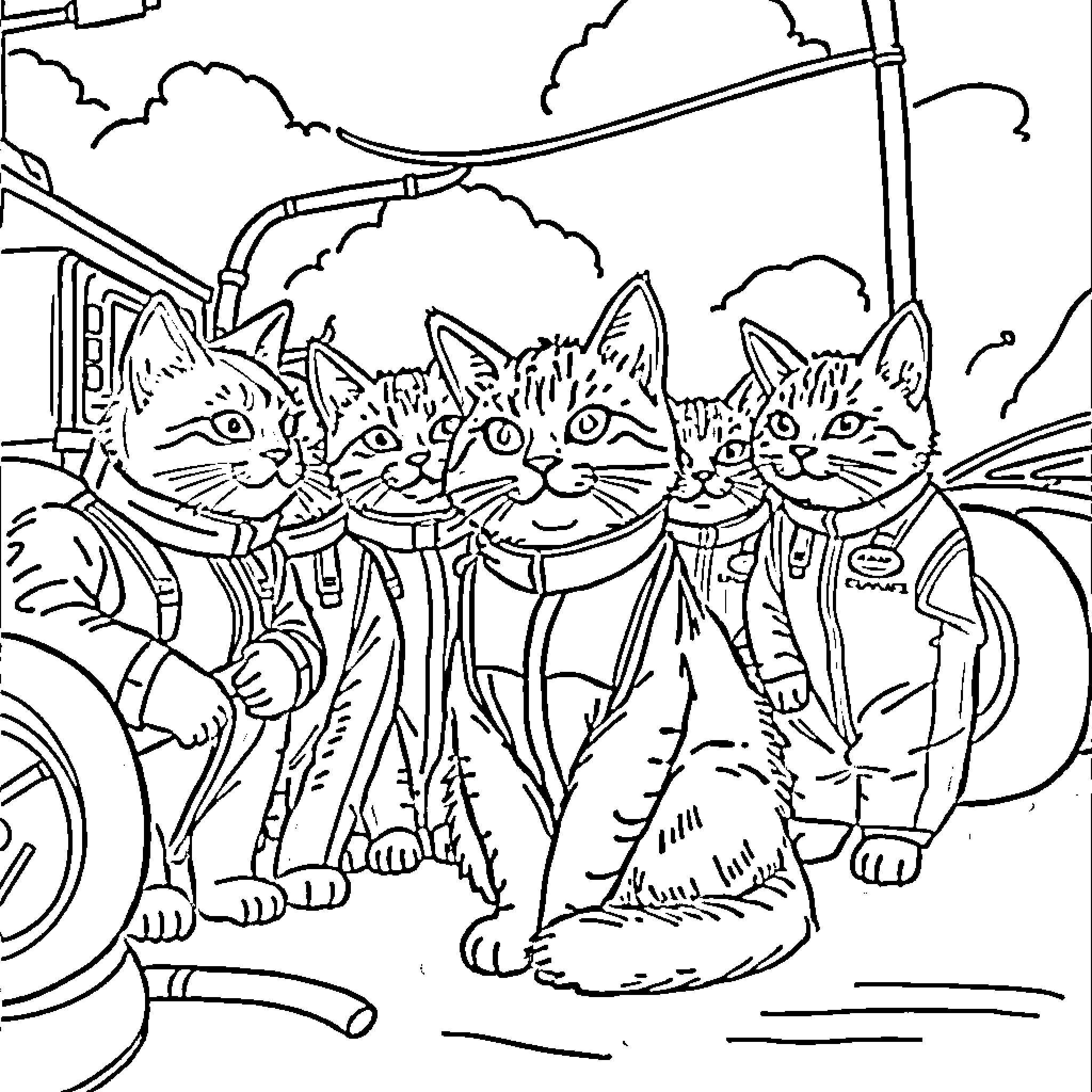 Cat Crew Hanging Out in the Alley Coloring Page (free black-and-white line drawing printable PDF for all, from beginners to advanced learners, including children, teens, adults, and seniors)