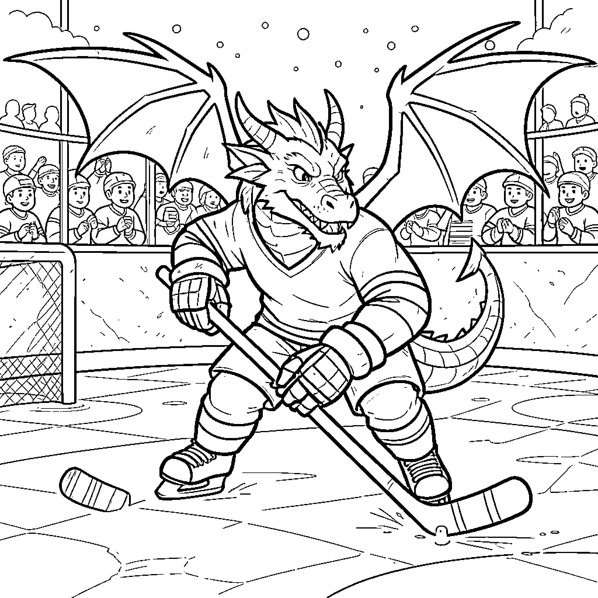 Dragon playing hockey on the ice rink Coloring Page (free black-and-white line drawing printable PDF for all, from beginners to advanced learners, including children, teens, adults, and seniors)