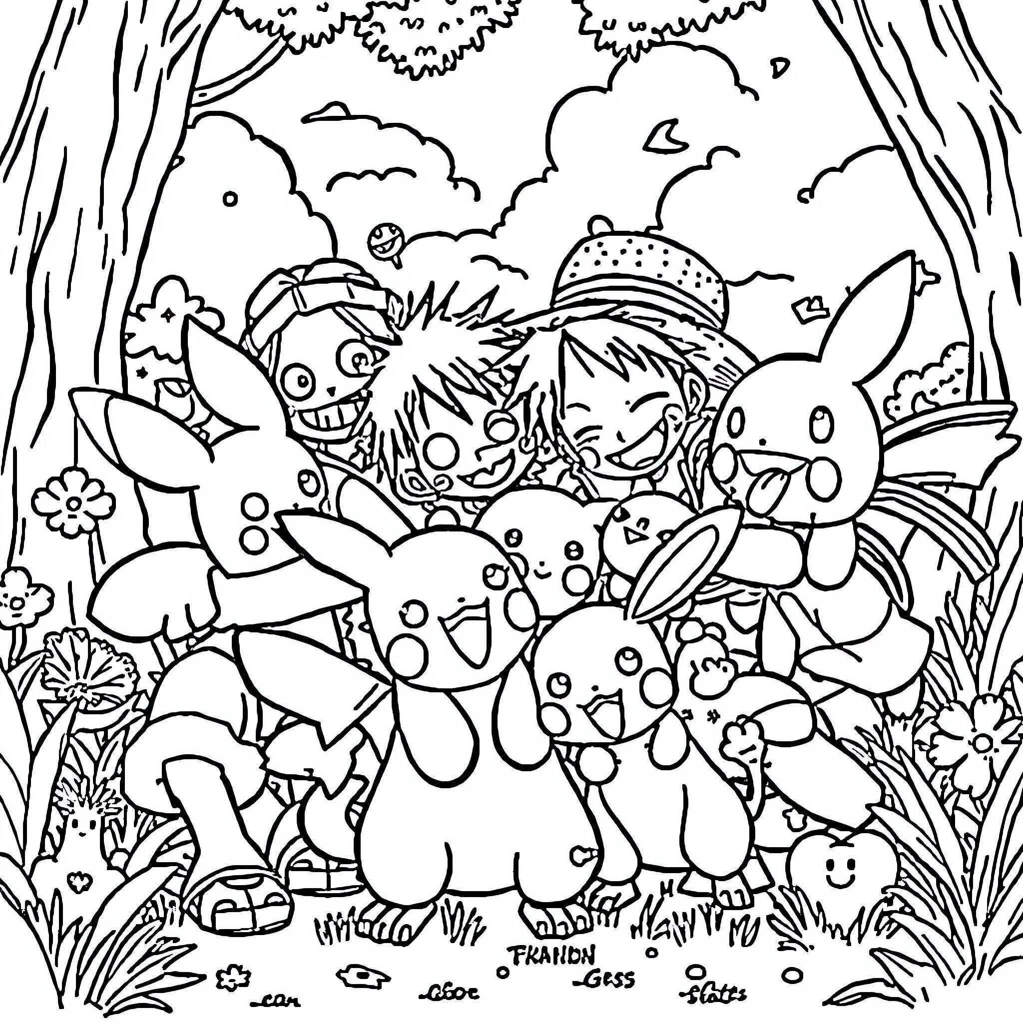 One Piece Anime Characters in Whimsical Forest Coloring Page (free black-and-white line drawing printable PDF for all, from beginners to advanced learners, including children, teens, adults, and seniors)