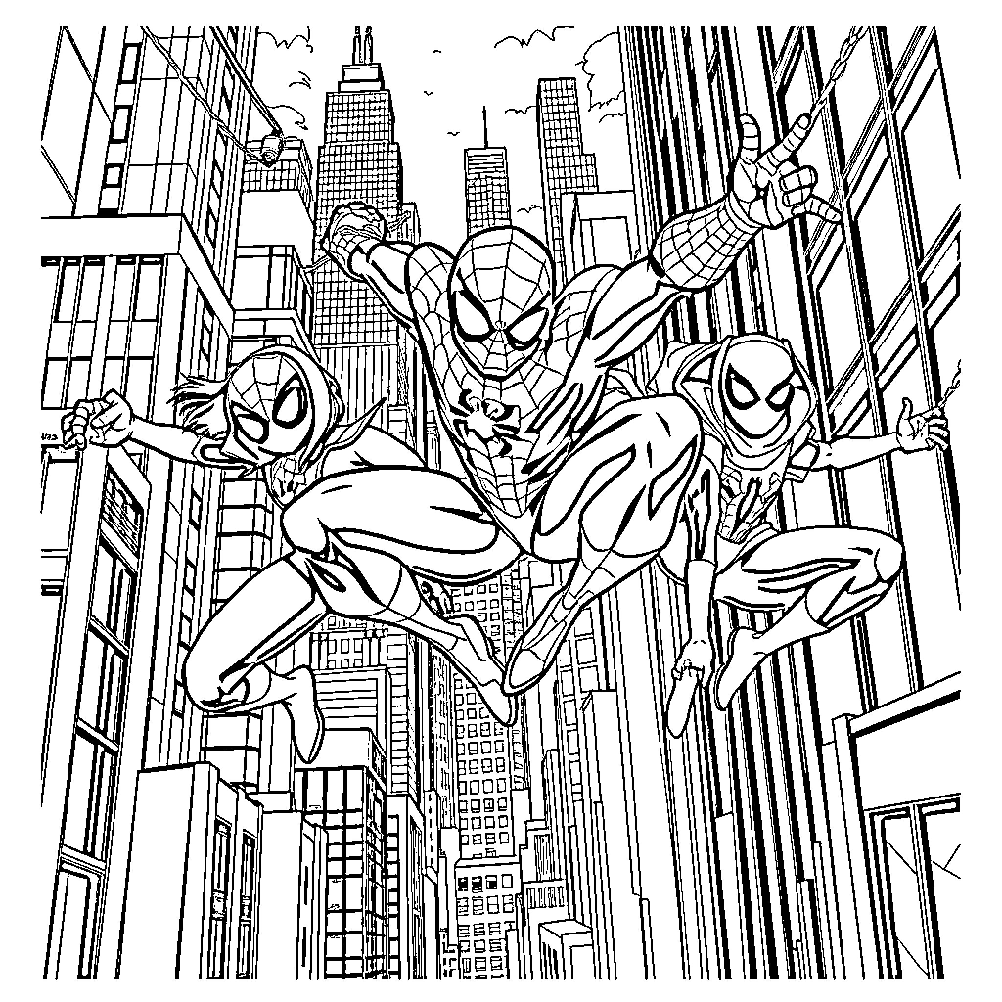 Spidey trio swinging through the cityscape Coloring Page (free black-and-white line drawing printable PDF for all, from beginners to advanced learners, including children, teens, adults, and seniors)