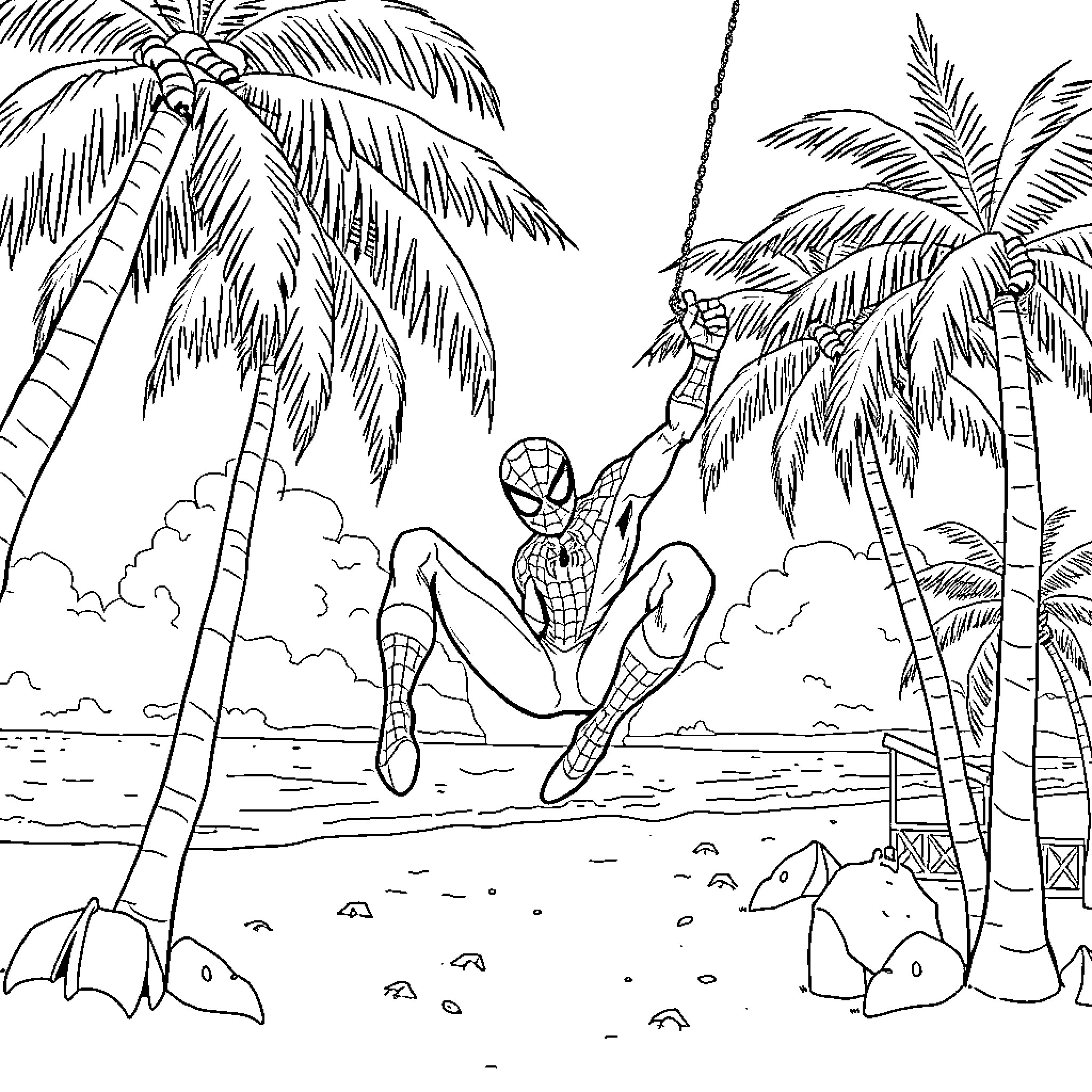 Spiderman swinging through the tropical paradise Coloring Page (free black-and-white line drawing printable PDF for all, from beginners to advanced learners, including children, teens, adults, and seniors)