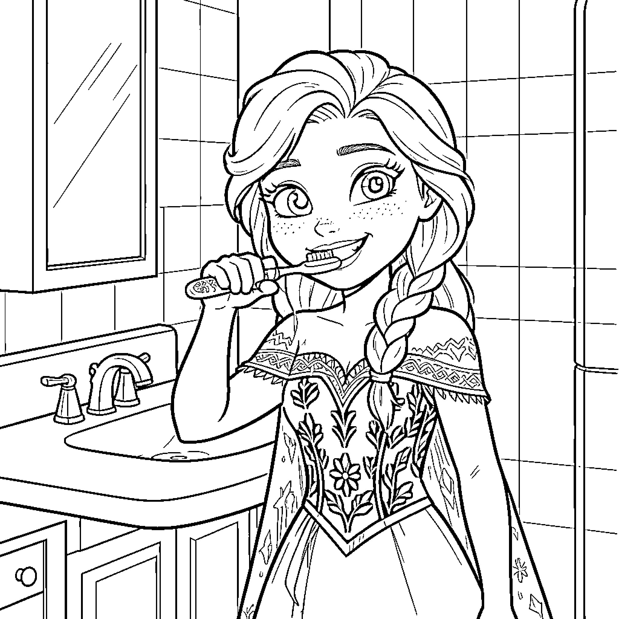 Anna brushing her teeth in the bathroom Coloring Page (free black-and-white line drawing printable PDF for all, from beginners to advanced learners, including children, teens, adults, and seniors)