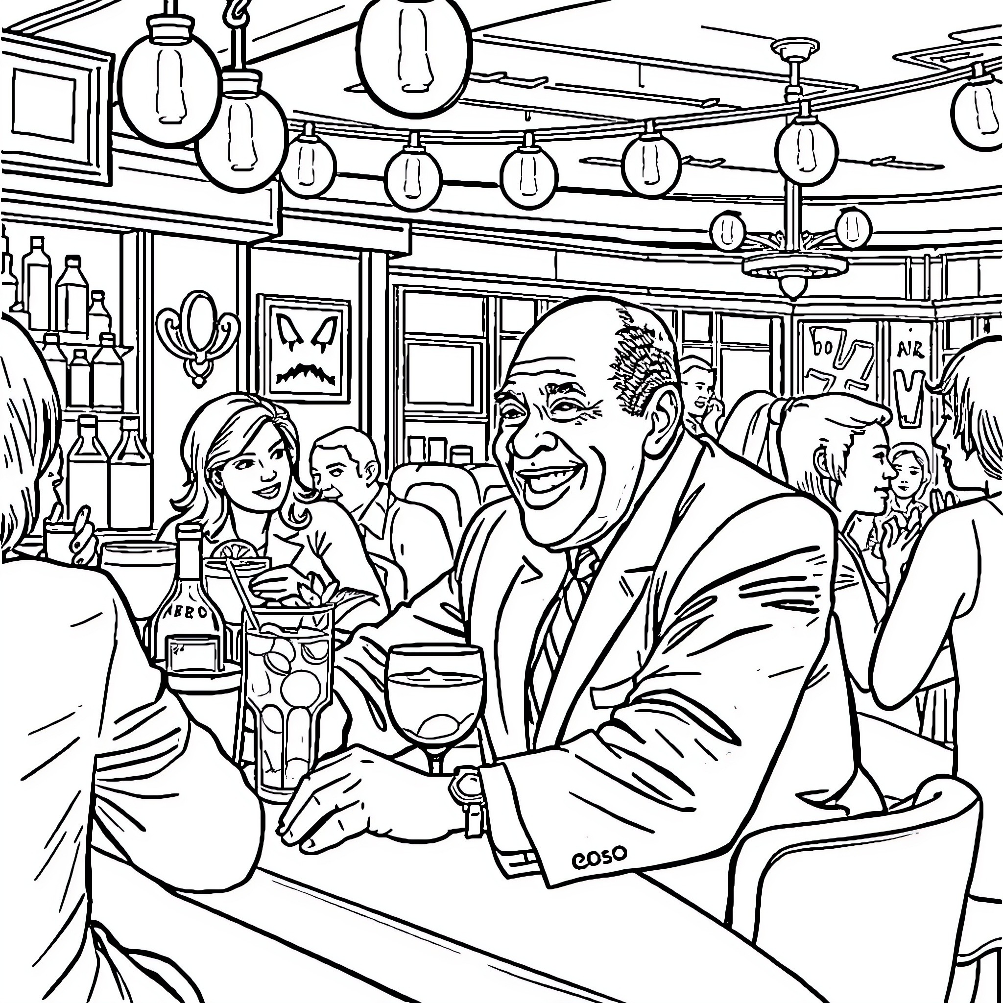Bill Cosby Laughing Cheerfully with Friends at a Bar Coloring Page (free black-and-white line drawing printable PDF for all, from beginners to advanced learners, including children, teens, adults, and seniors)