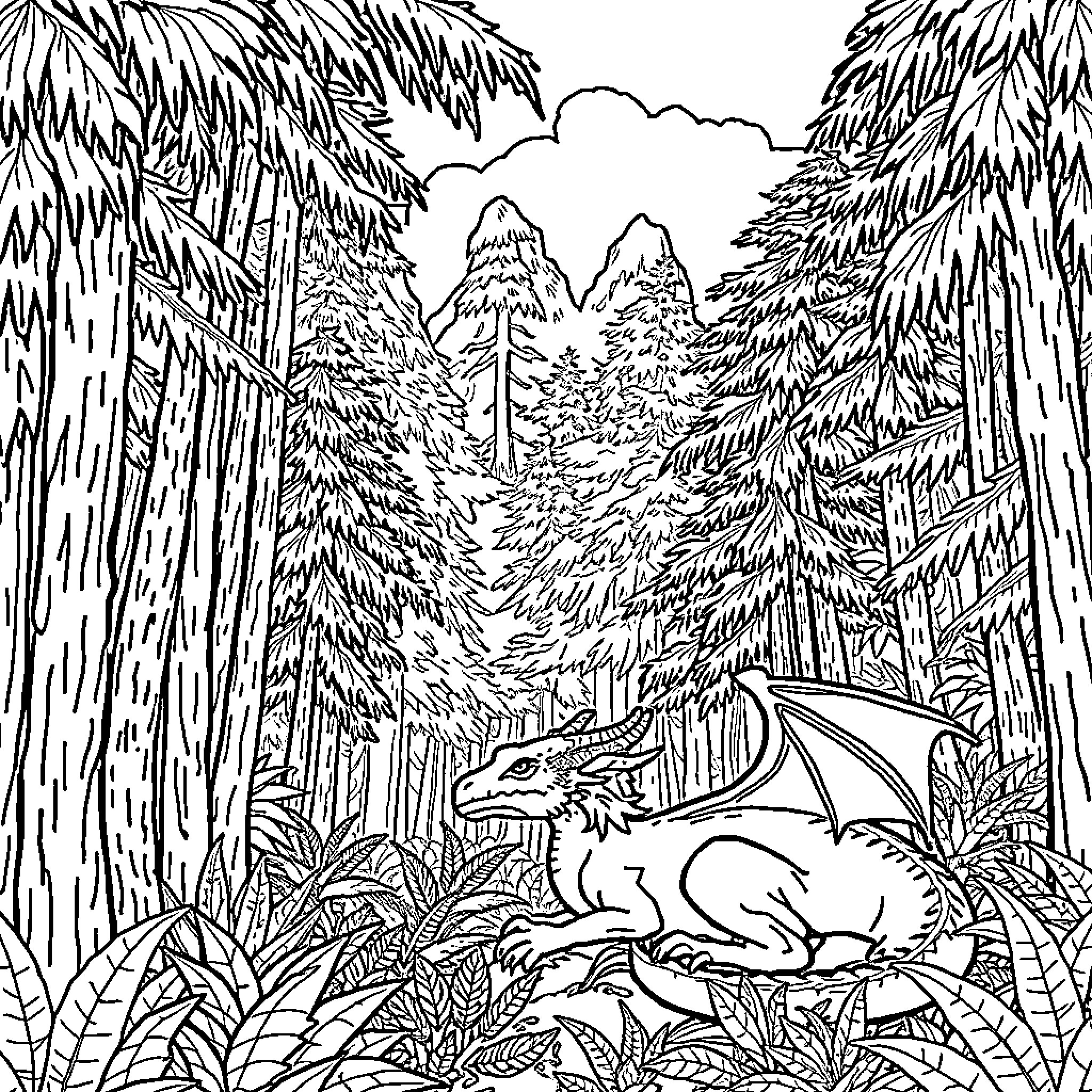 Dragon lounging in a lush forest Coloring Page (free black-and-white line drawing printable PDF for all, from beginners to advanced learners, including children, teens, adults, and seniors)