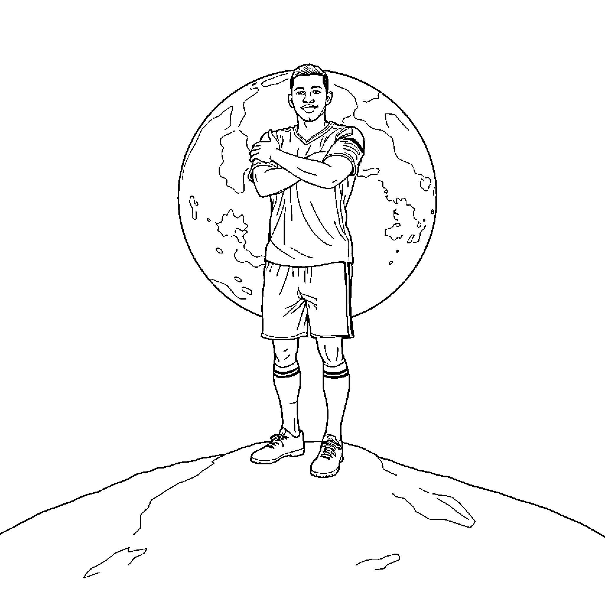 Mbappe posing confidently on a global stage Coloring Page (free black-and-white line drawing printable PDF for all, from beginners to advanced learners, including children, teens, adults, and seniors)