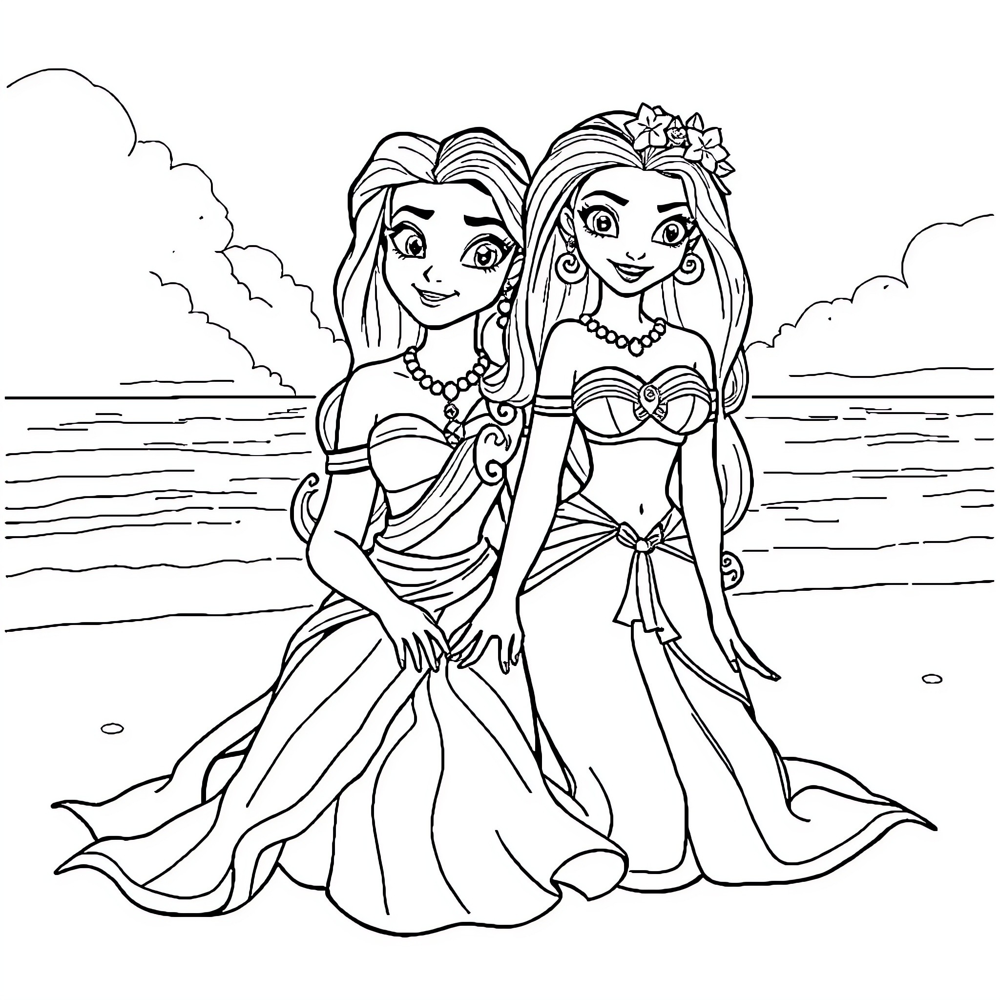 Rapunzel and friend in elegant dresses by the sea Coloring Page (free black-and-white line drawing printable PDF for all, from beginners to advanced learners, including children, teens, adults, and seniors)