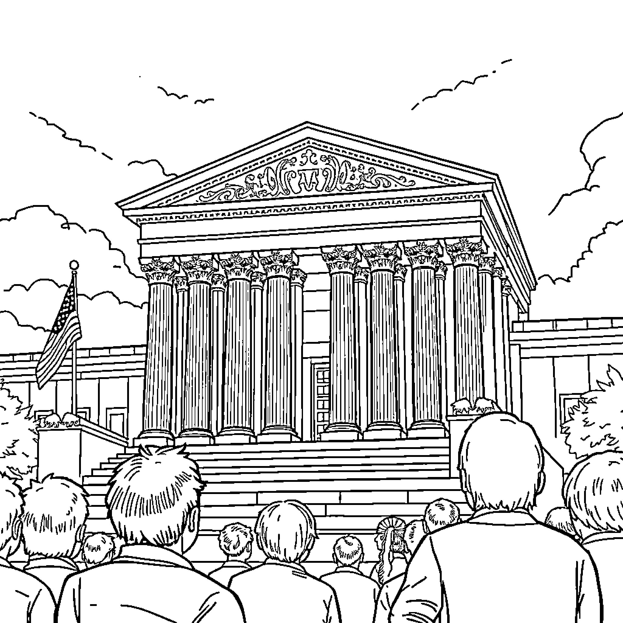 SCOTUS: Supreme Court Proceedings in Monochrome Coloring Page (free black-and-white line drawing printable PDF for all, from beginners to advanced learners, including children, teens, adults, and seniors)