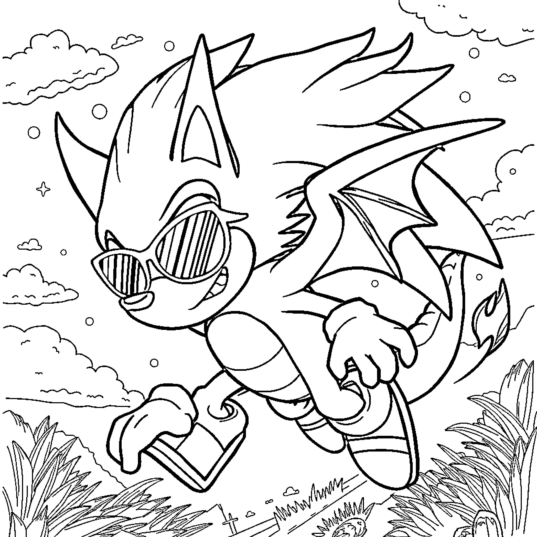 Dragon Soaring through the Clouds Coloring Page (free black-and-white line drawing printable PDF for all, from beginners to advanced learners, including children, teens, adults, and seniors)