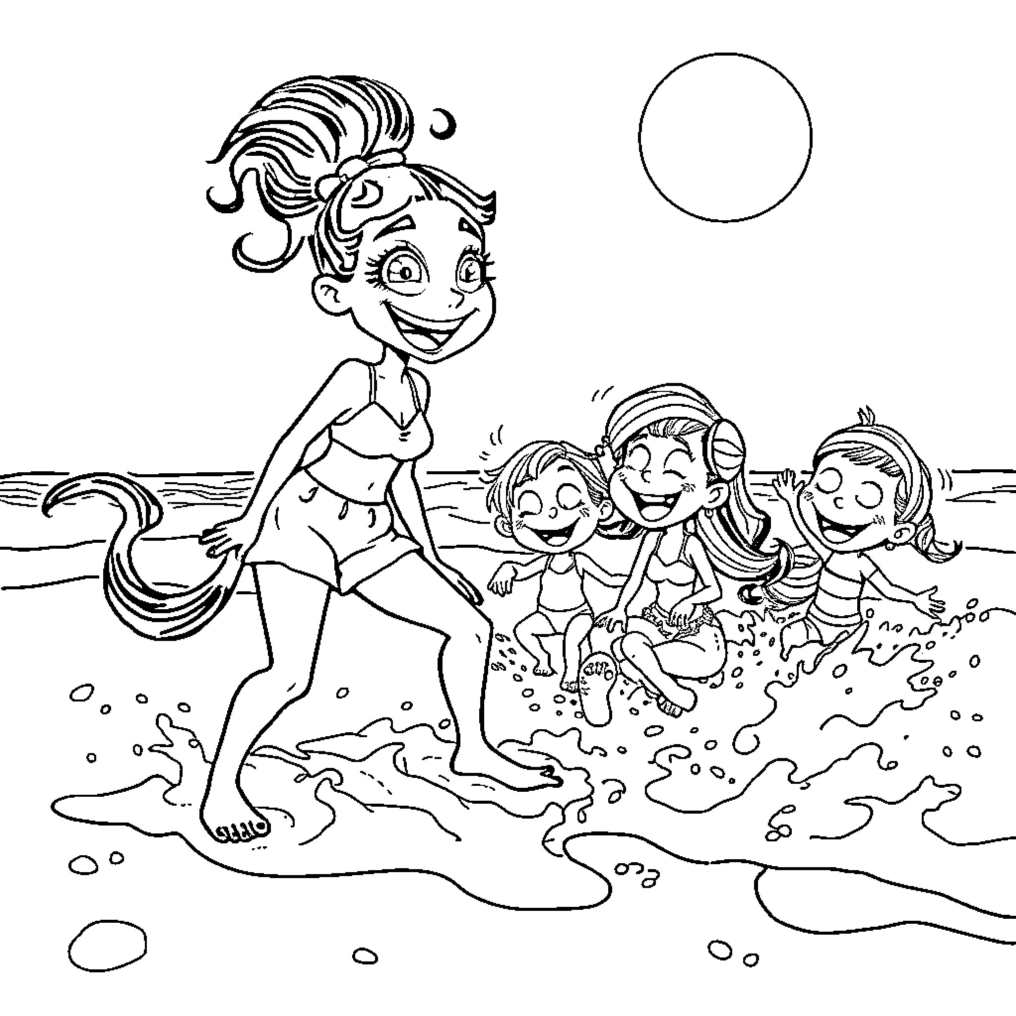 Wednesday at the Beach with Friends Coloring Page (free black-and-white line drawing printable PDF for all, from beginners to advanced learners, including children, teens, adults, and seniors)
