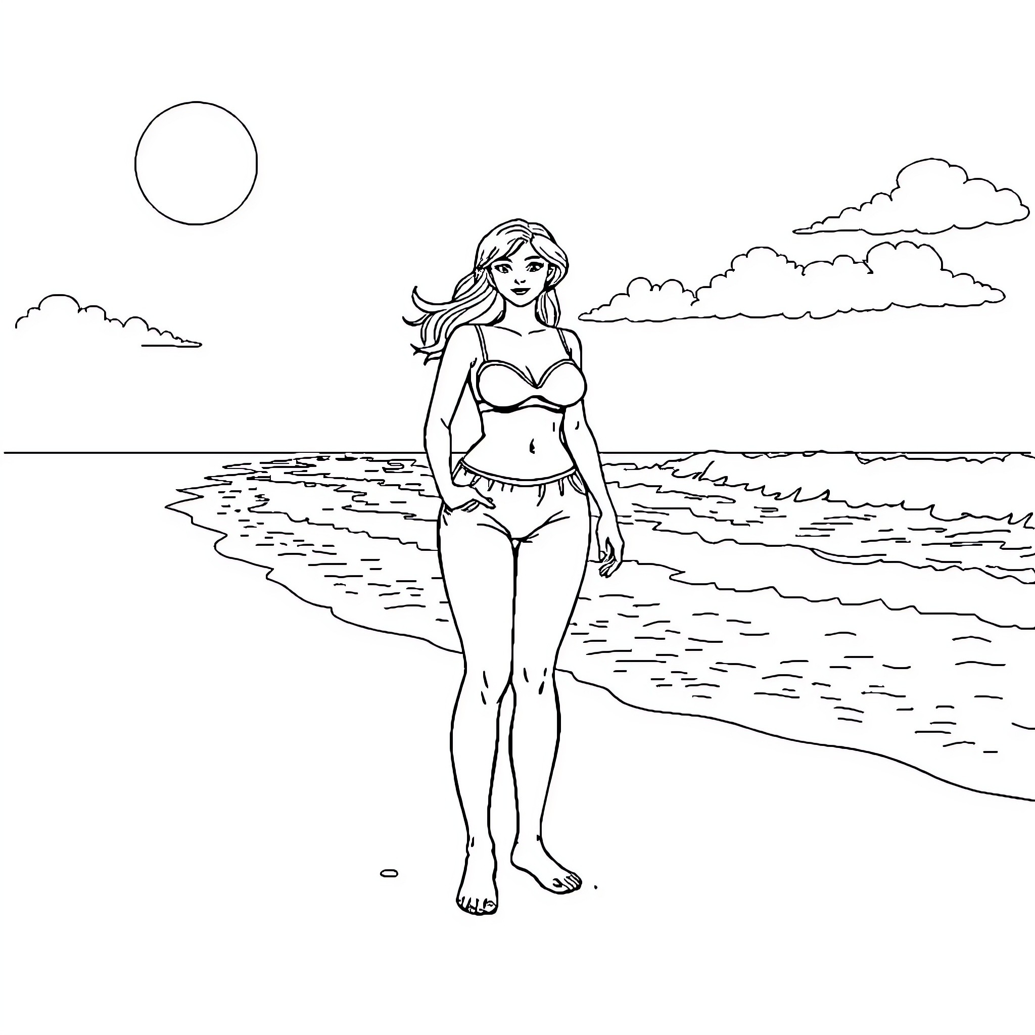 Sidney Sweeney enjoying a day at the beach Coloring Page (free black-and-white line drawing printable PDF for all, from beginners to advanced learners, including children, teens, adults, and seniors)
