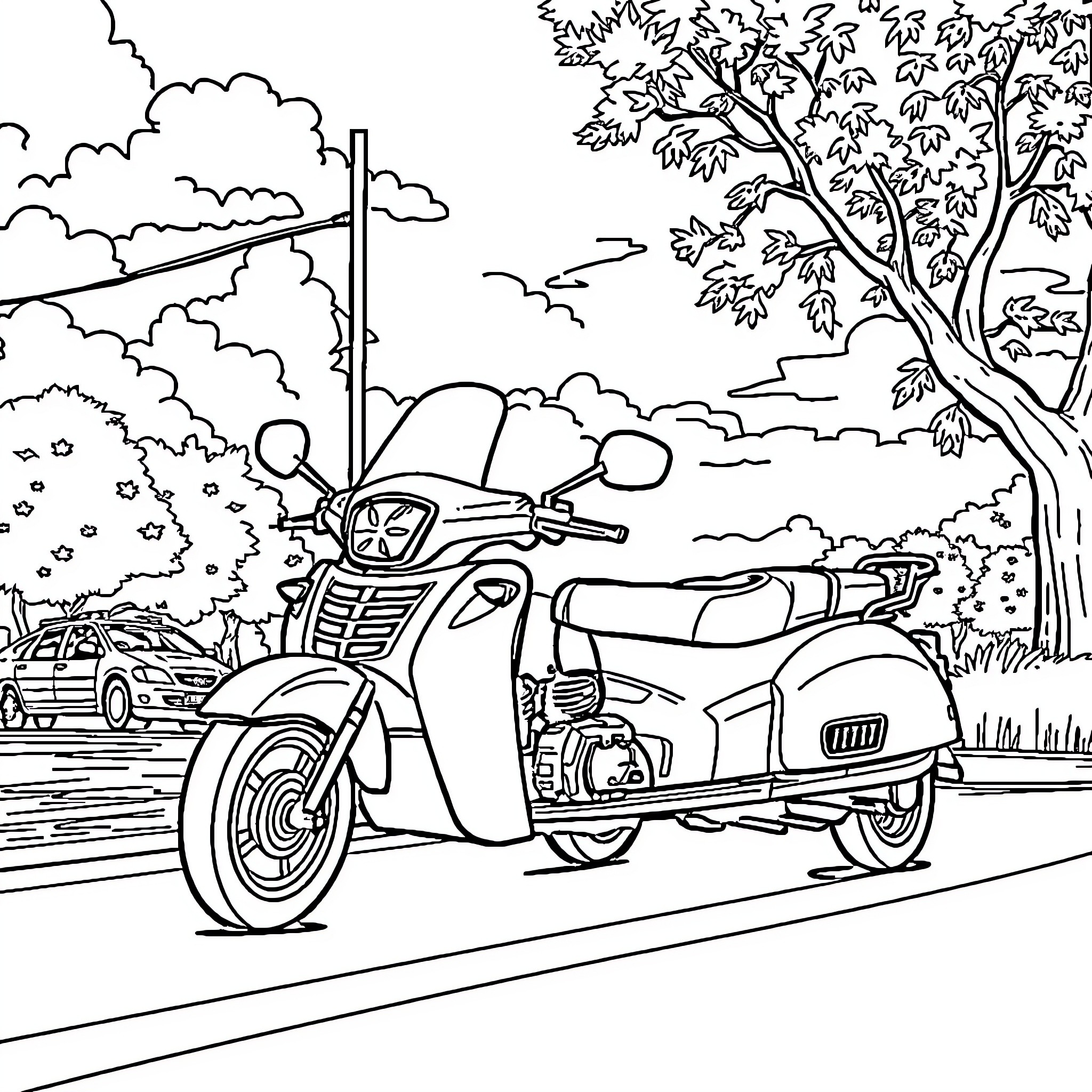 Vehicle on a Scenic Countryside Road Coloring Page (free black-and-white line drawing printable PDF for all, from beginners to advanced learners, including children, teens, adults, and seniors)
