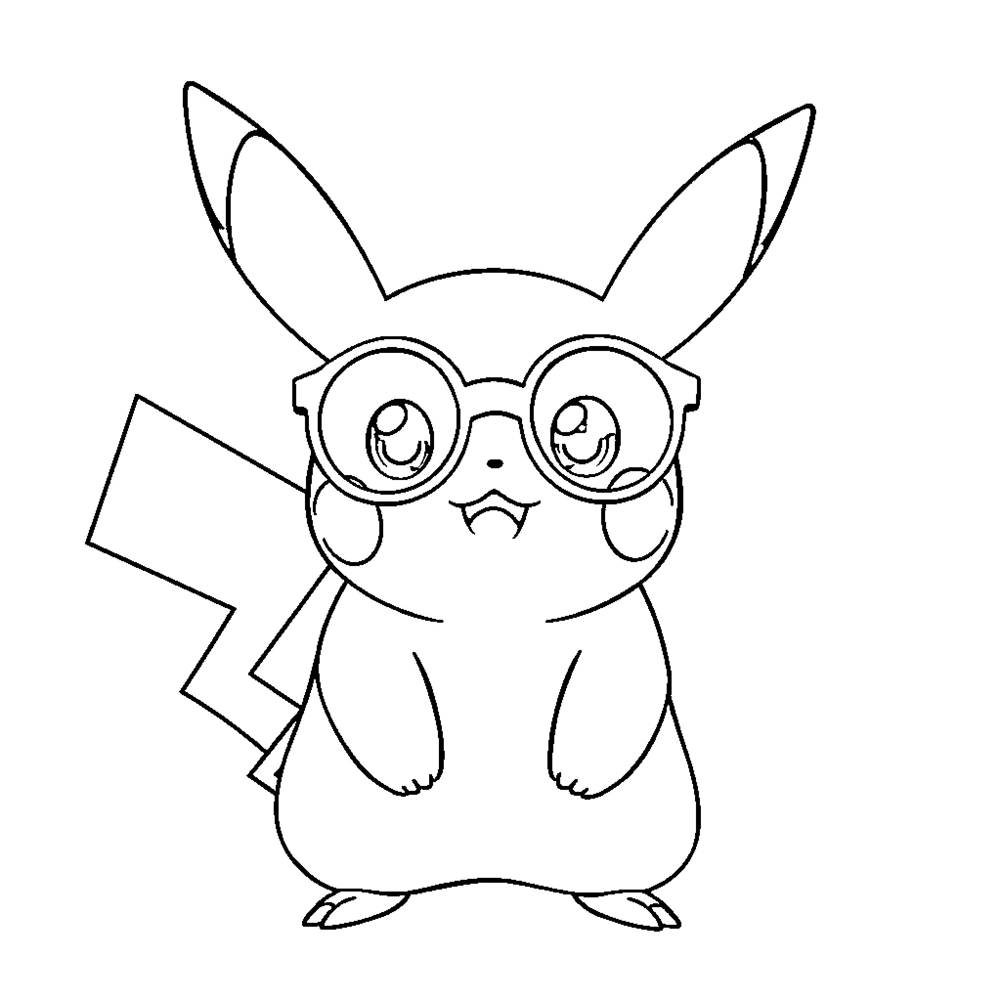 Pikachu wearing glasses and making a silly face Coloring Page (free black-and-white line drawing printable PDF for all, from beginners to advanced learners, including children, teens, adults, and seniors)