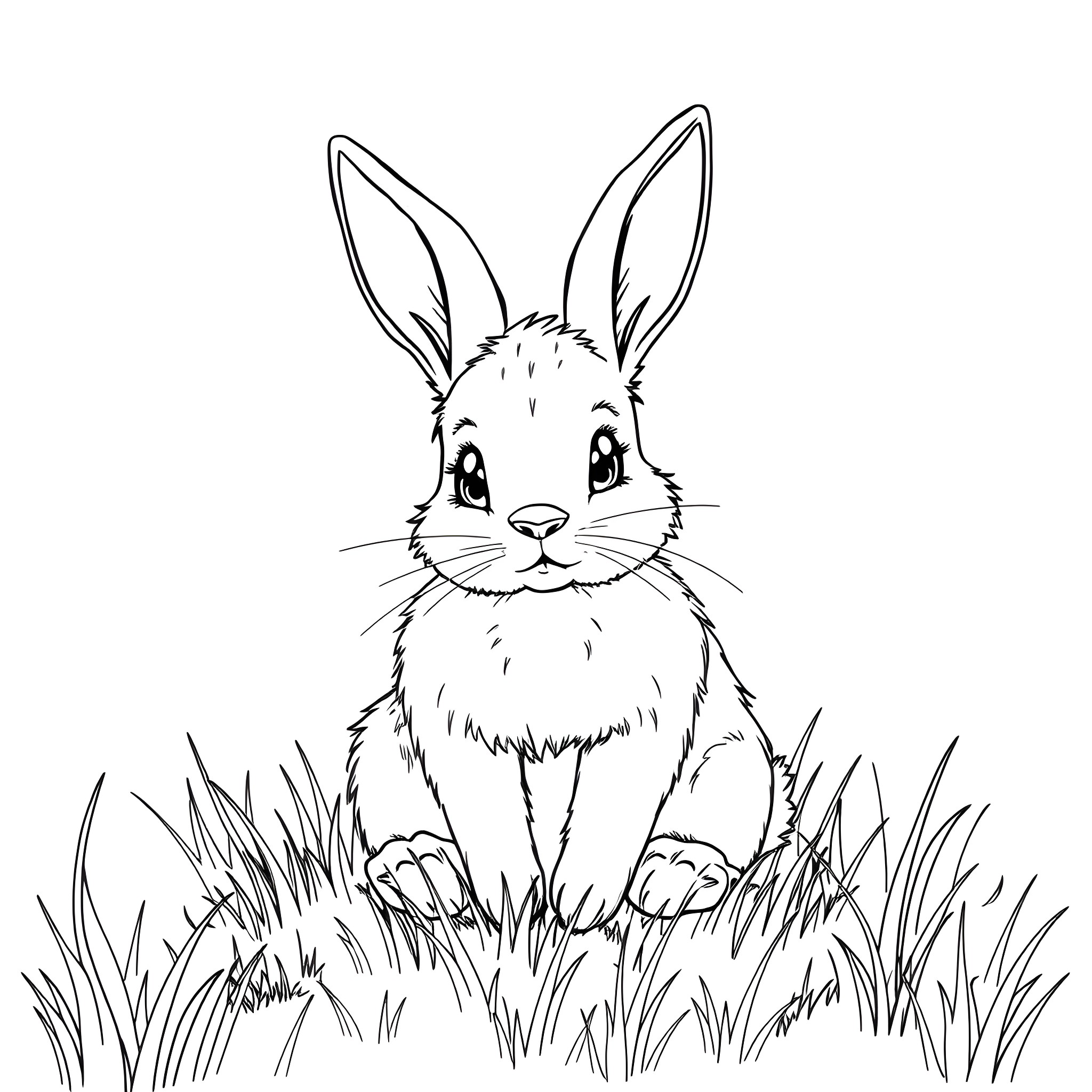 Rabbit sitting in the grass Coloring Page (free black-and-white line drawing printable PDF for all, from beginners to advanced learners, including children, teens, adults, and seniors)