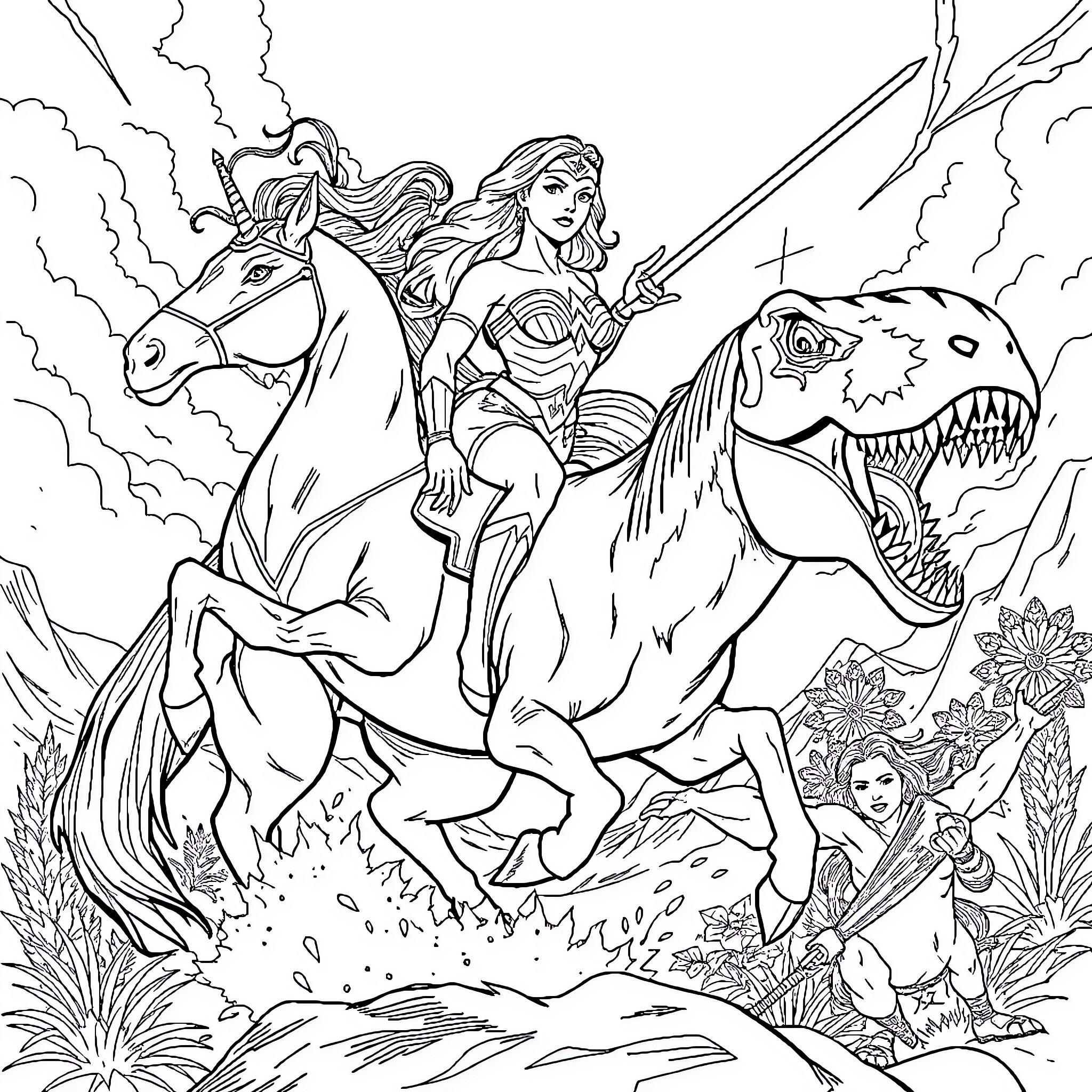 Wonder Woman riding a unicorn and battling a fierce beast Coloring Page (free black-and-white line drawing printable PDF for all, from beginners to advanced learners, including children, teens, adults, and seniors)