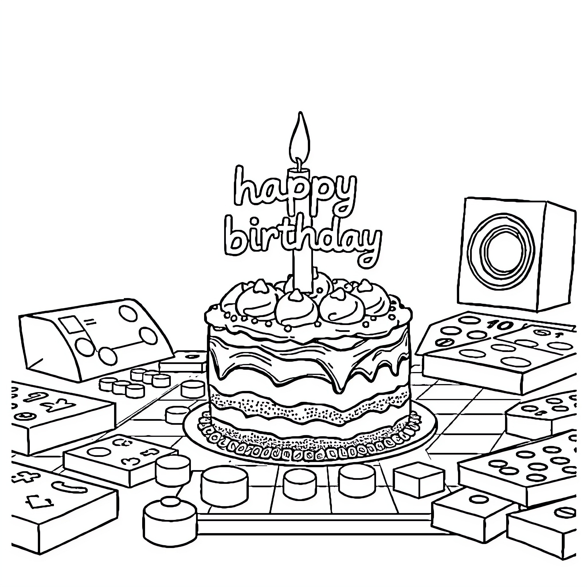 Boardgame themed birthday celebration with cake and decorations Coloring Page (free black-and-white line drawing printable PDF for all, from beginners to advanced learners, including children, teens, adults, and seniors)