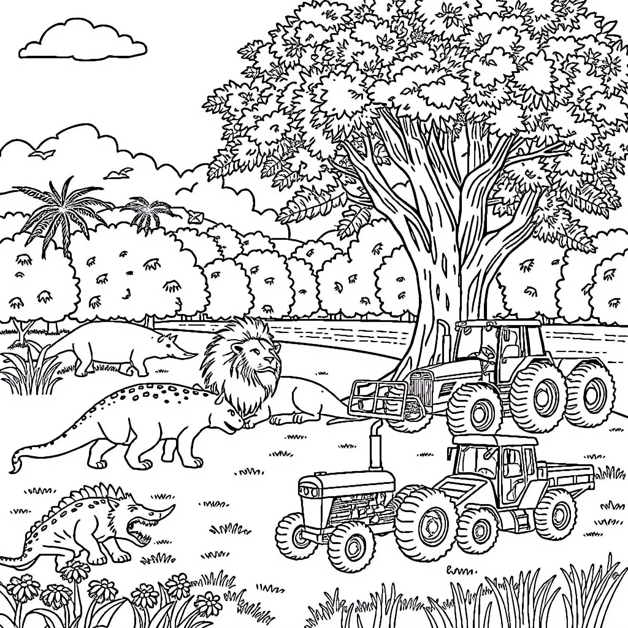 Dinosaur scene with construction vehicles and animals Coloring Page (free black-and-white line drawing printable PDF for all, from beginners to advanced learners, including children, teens, adults, and seniors)