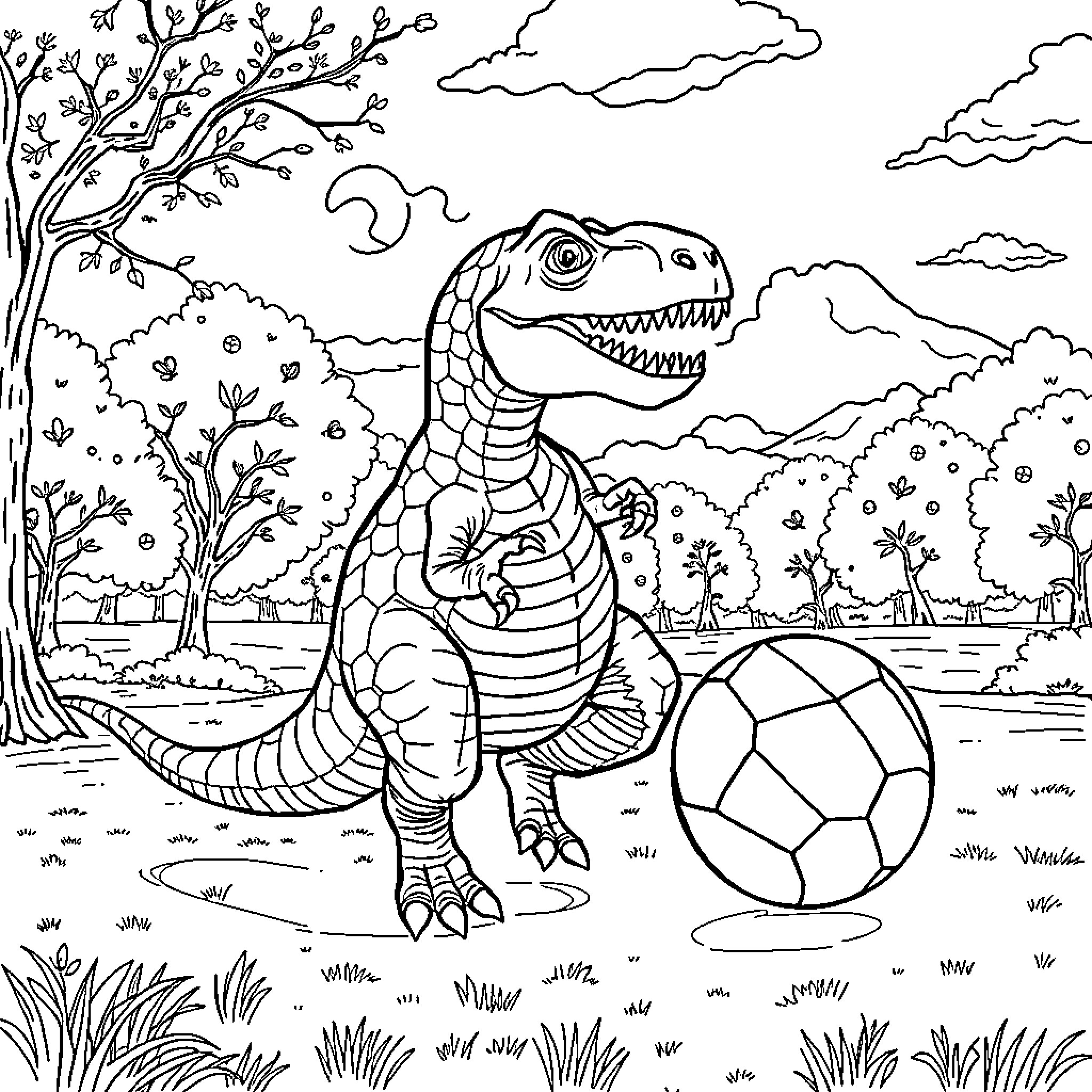 Dinosaur Playing with Soccer Ball in Nature Coloring Page (free black-and-white line drawing printable PDF for all, from beginners to advanced learners, including children, teens, adults, and seniors)