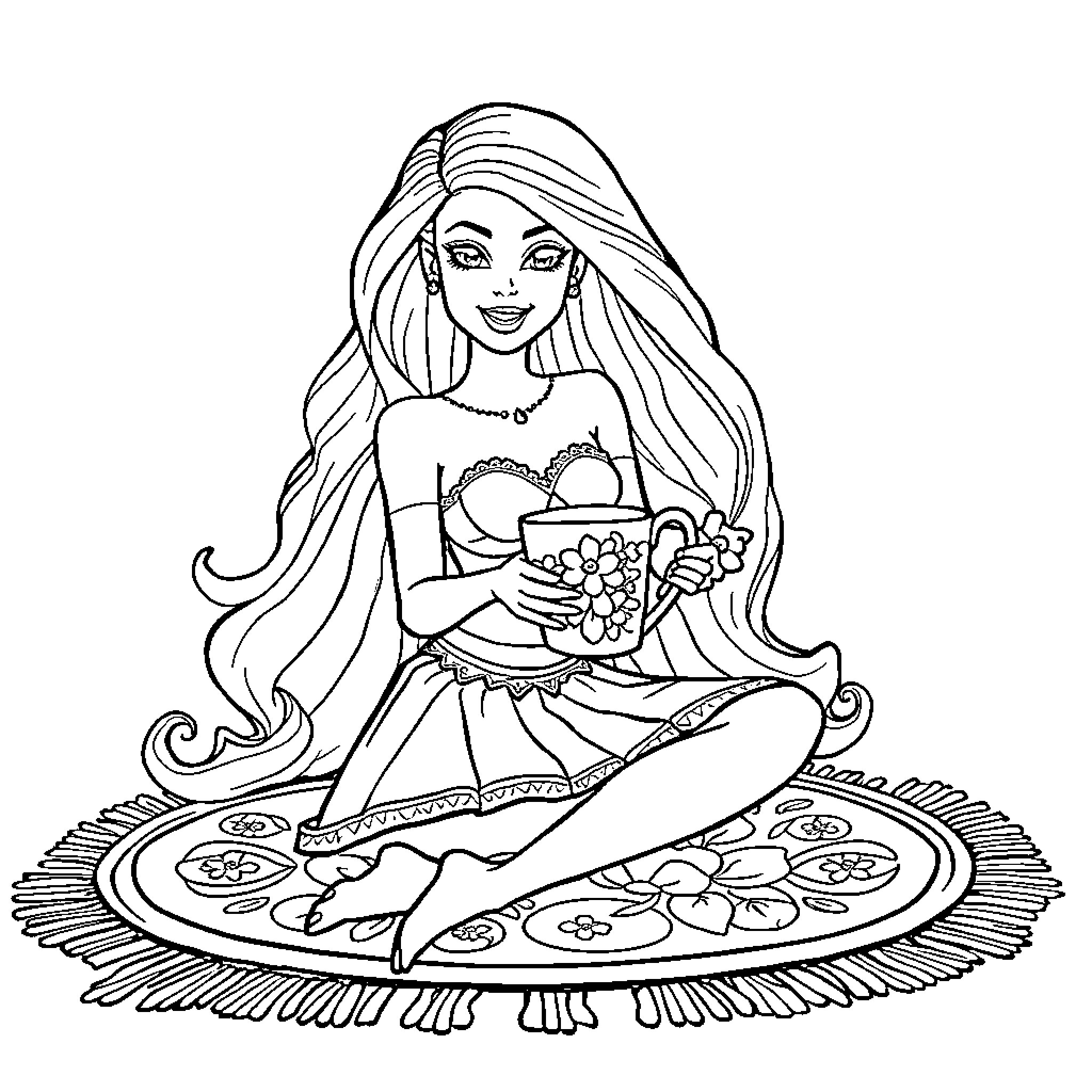 Barbie Sitting on Flowery Rug with Bouquet Coloring Page (free black-and-white line drawing printable PDF for all, from beginners to advanced learners, including children, teens, adults, and seniors)