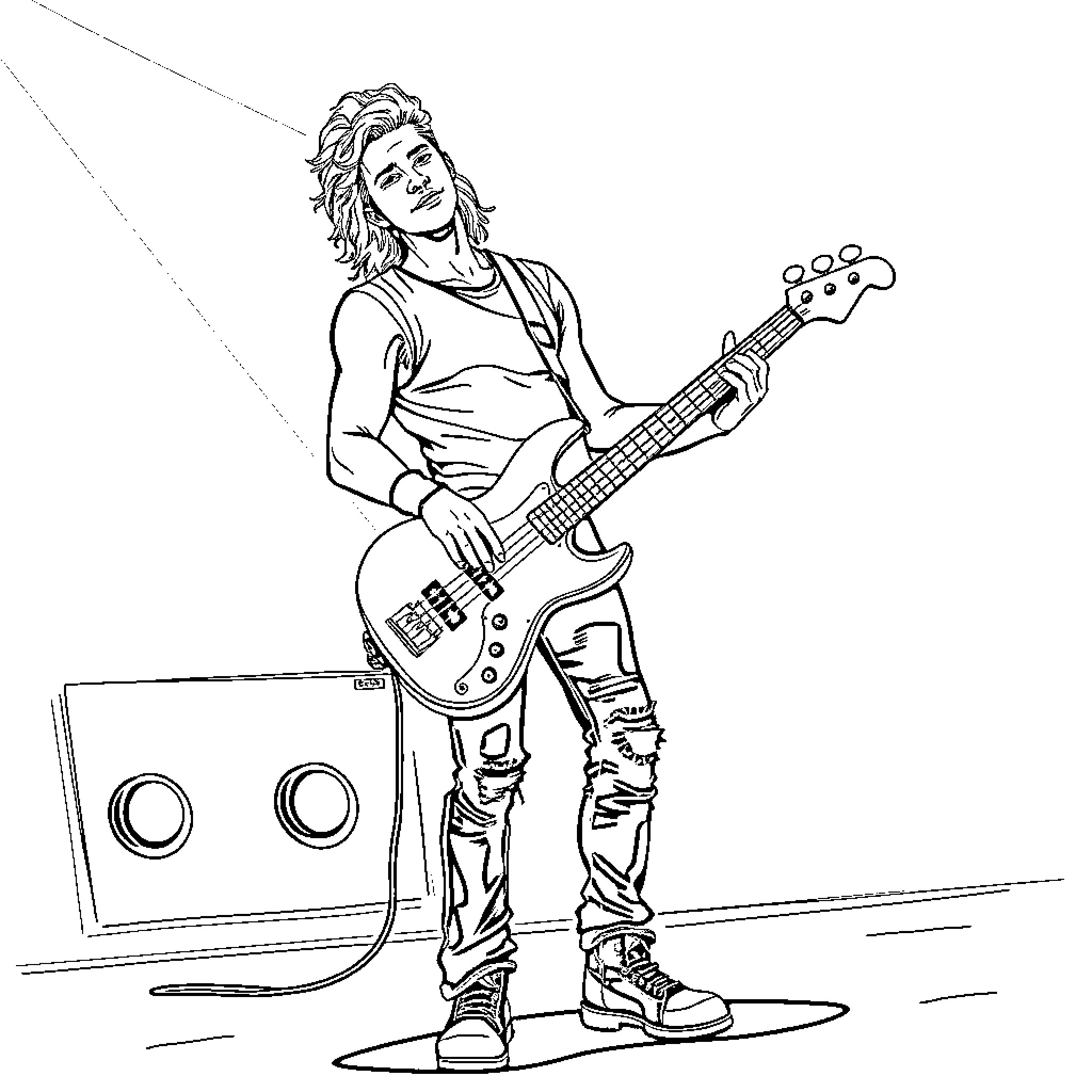 Man playing electric guitar passionately on stage Coloring Page (free black-and-white line drawing printable PDF for all, from beginners to advanced learners, including children, teens, adults, and seniors)