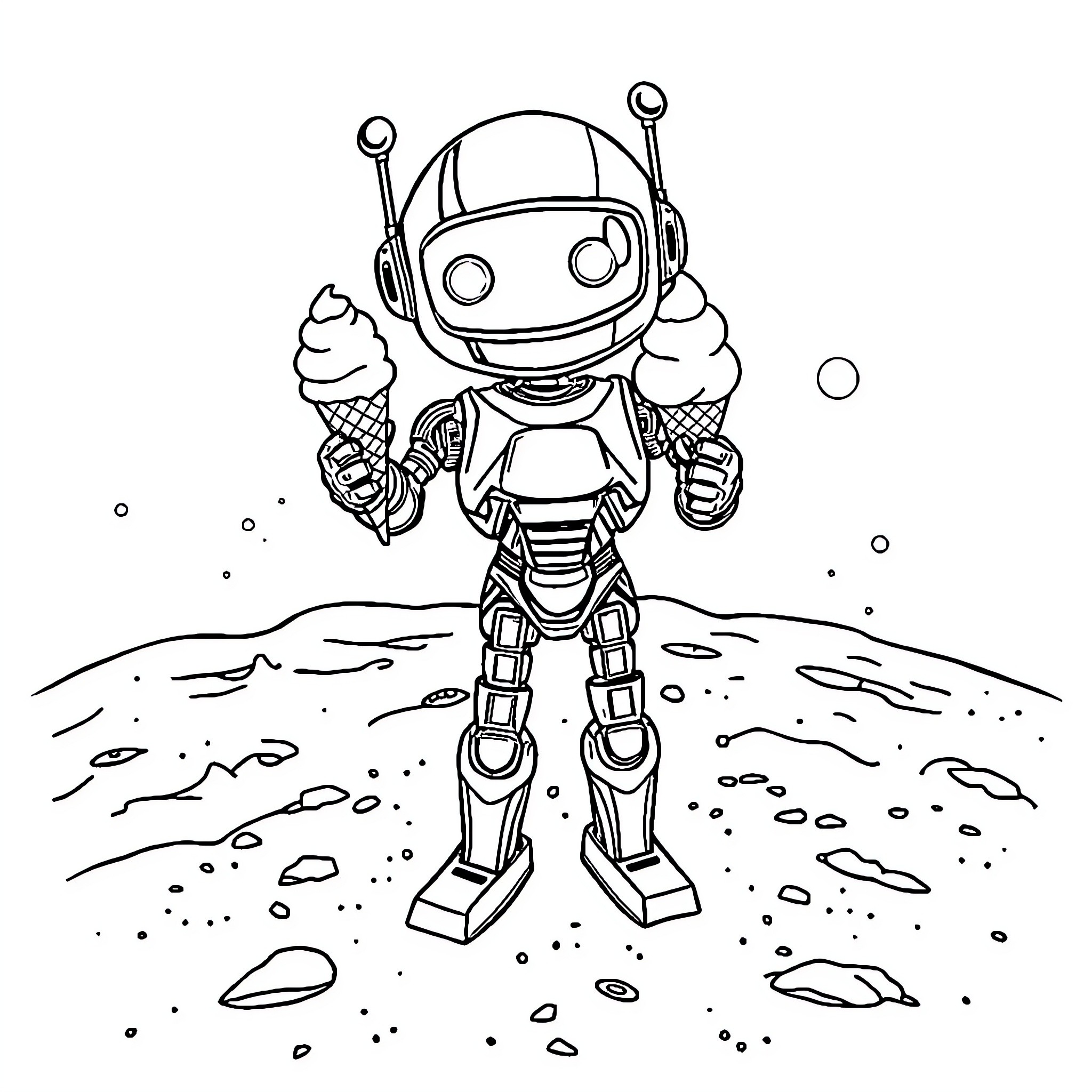 Robot enjoying ice cream cones on the moon Coloring Page (free black-and-white line drawing printable PDF for all, from beginners to advanced learners, including children, teens, adults, and seniors)