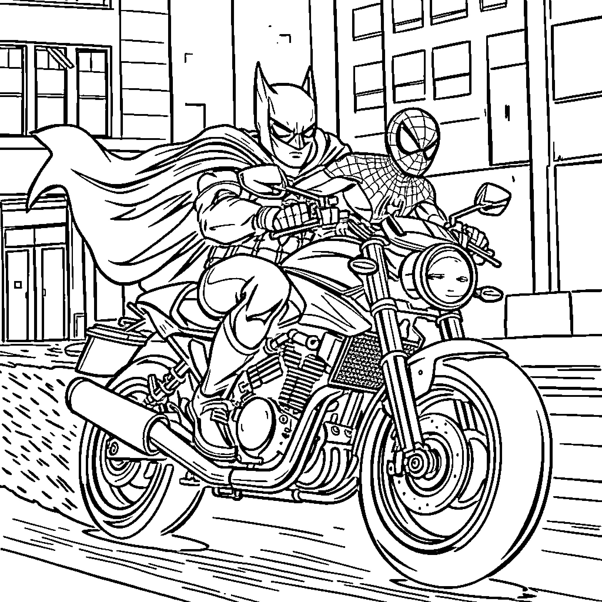 Superhero Duo Riding Powerful Motorcycle in City Coloring Page (free black-and-white line drawing printable PDF for all, from beginners to advanced learners, including children, teens, adults, and seniors)