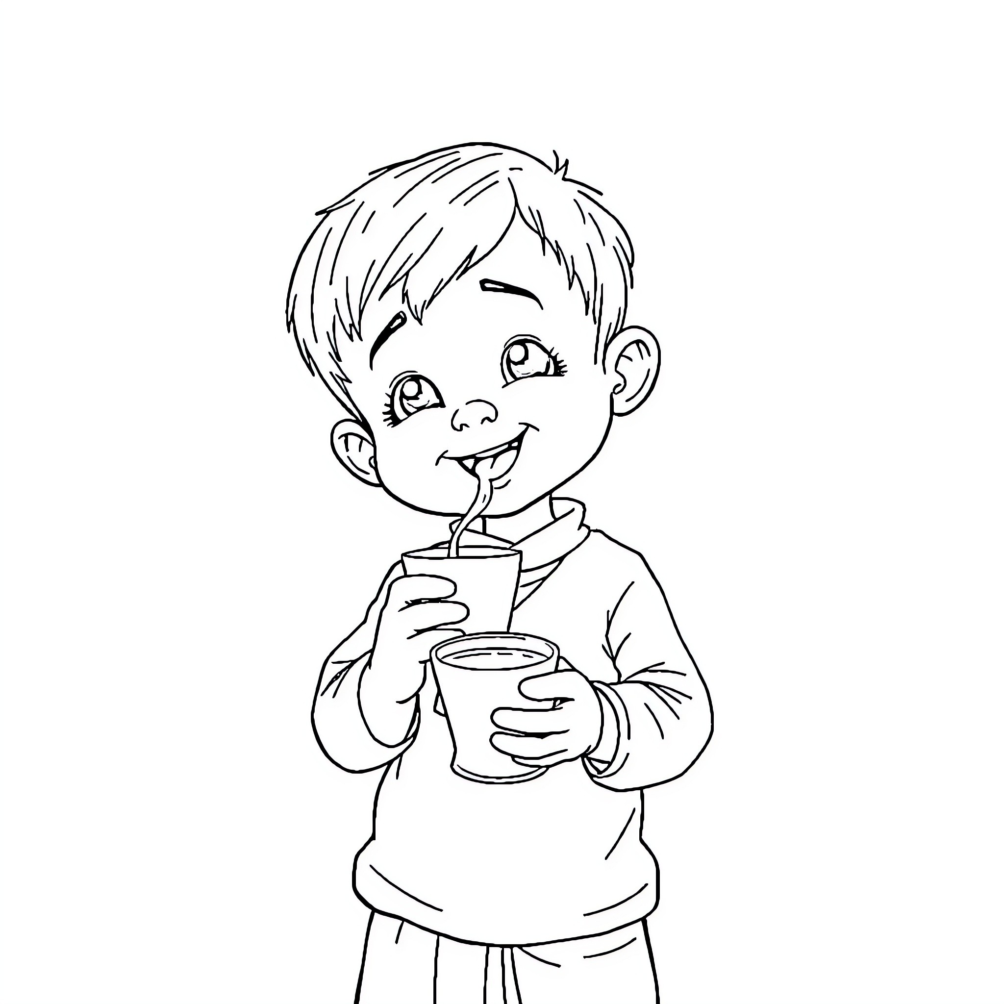 Boy enjoying a refreshing drink Coloring Page (free black-and-white line drawing printable PDF for all, from beginners to advanced learners, including children, teens, adults, and seniors)