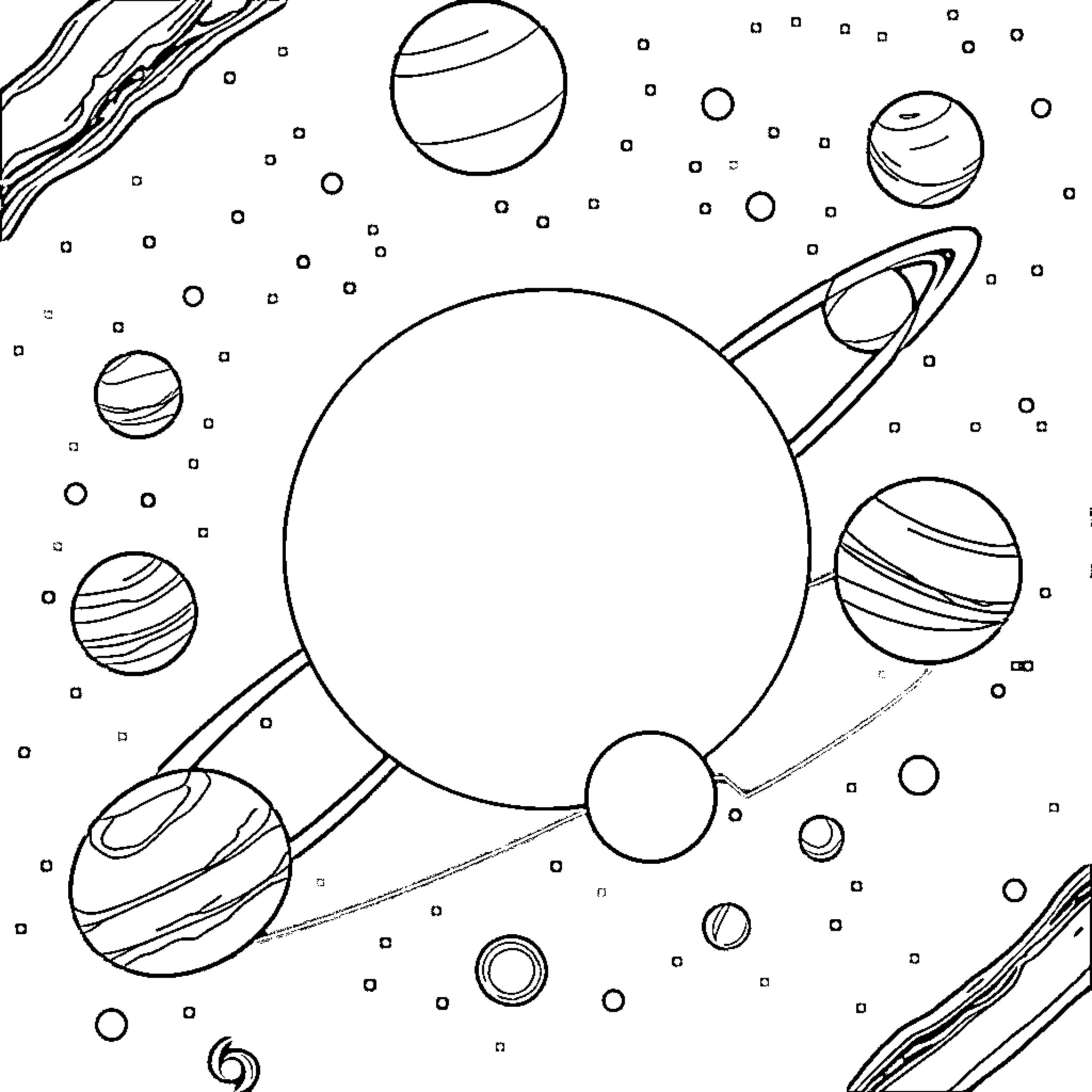 Solar System Illustration with Planets and Moons Coloring Page (free black-and-white line drawing printable PDF for all, from beginners to advanced learners, including children, teens, adults, and seniors)