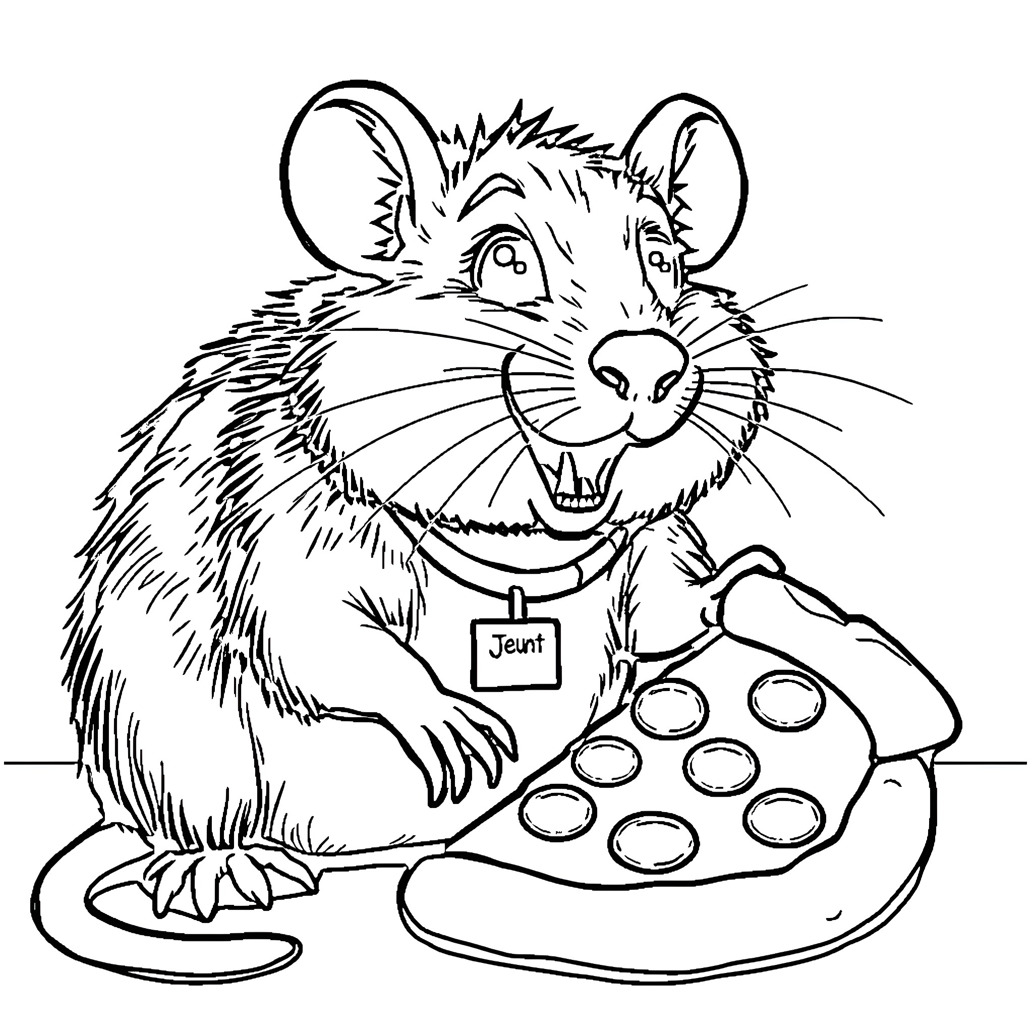 Rat playing video game with pizza Coloring Page (free black-and-white line drawing printable PDF for all, from beginners to advanced learners, including children, teens, adults, and seniors)